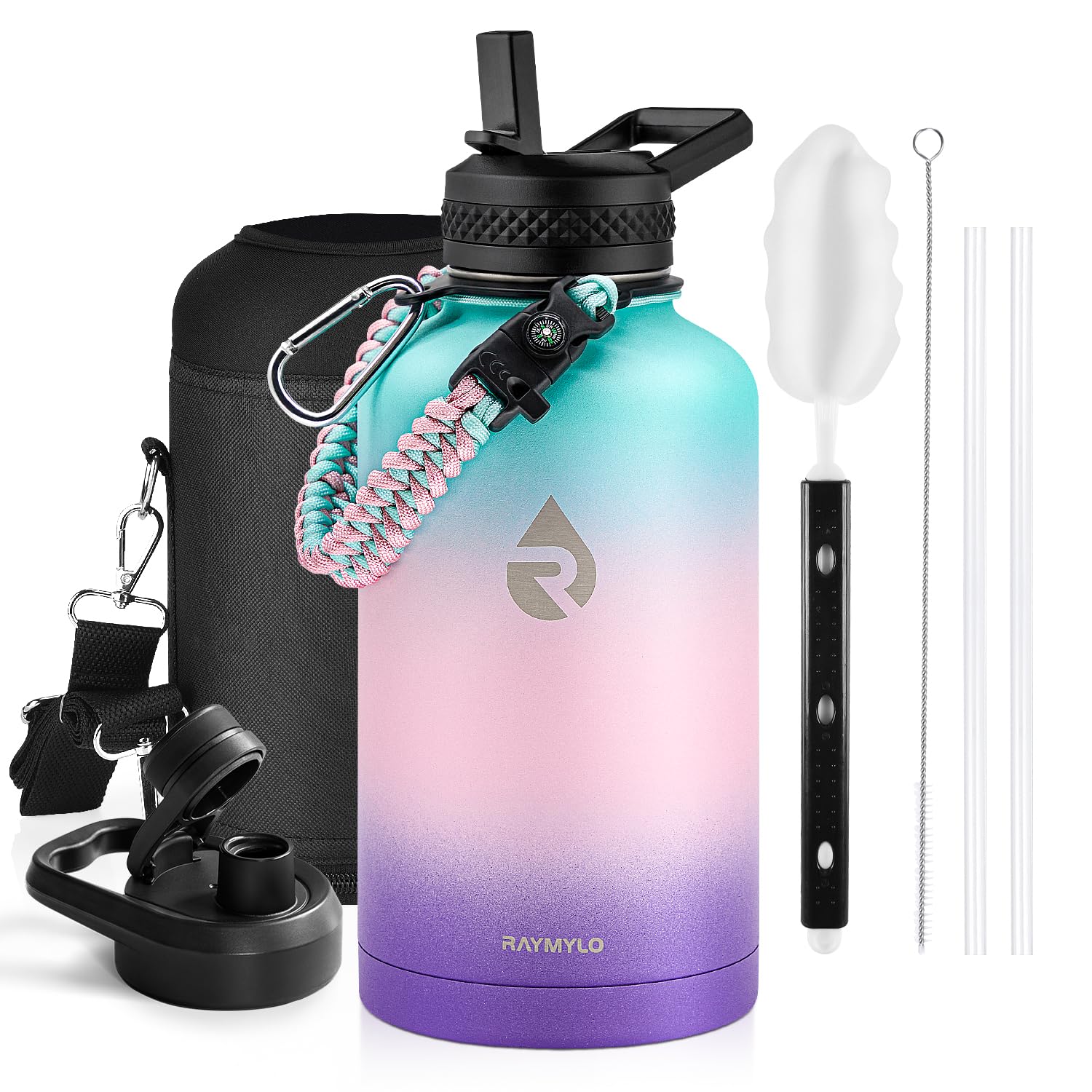 Insulated Water Bottle 64 oz, Triple Wall Vacuum Stainless Steel (Cold for 48 Hrs), Leak Proof & Non-BPA, Half Gallon Water Flask Jug with Paracord Handle & Straw Spout Lids