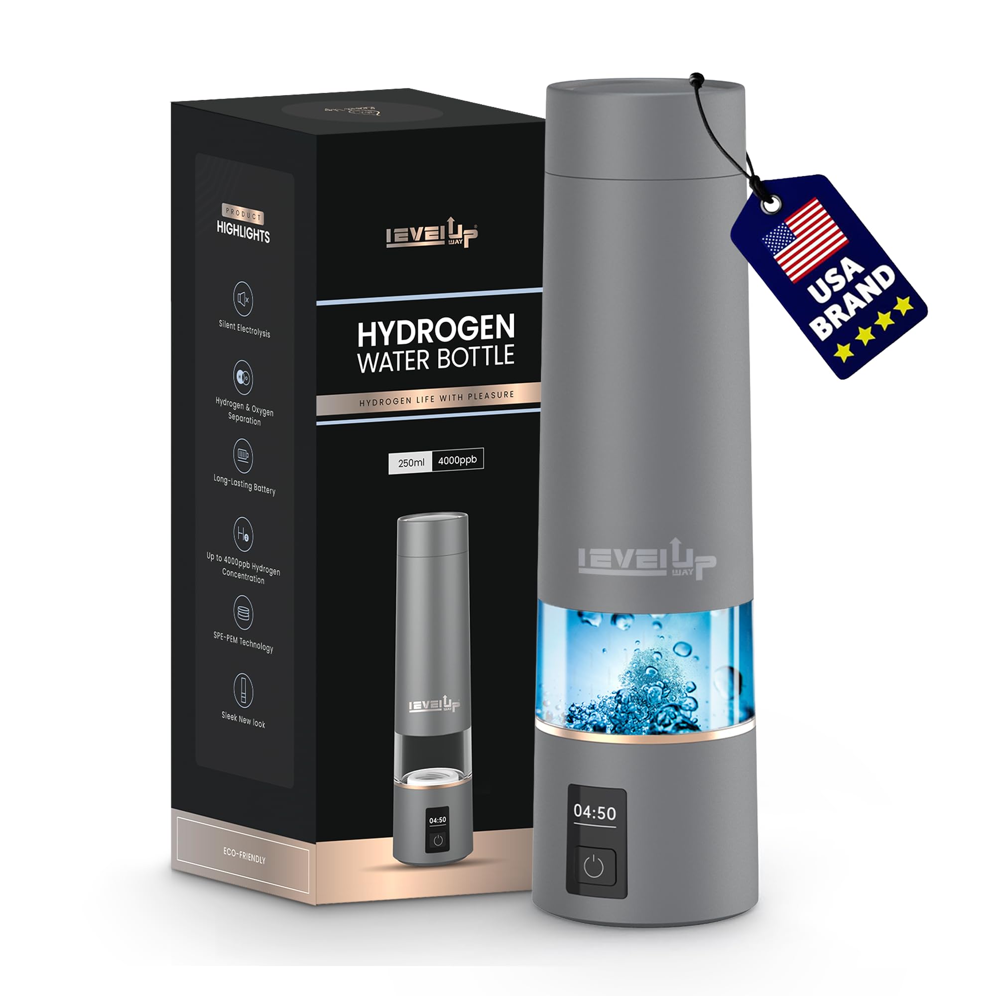 LevelUpWay Hydrogen Water Bottle - Advanced SPE/PEM Technology, Premium Borosilicate Glass, Made for Daily Hydration