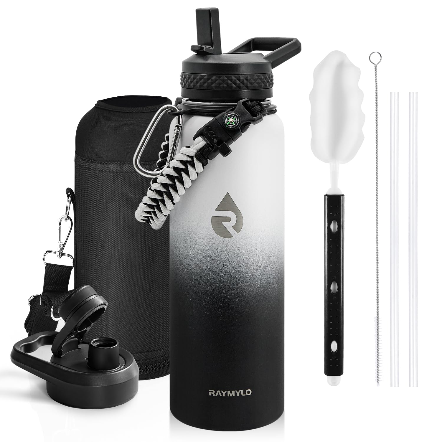 Insulated Water Bottle 64 oz, Triple Wall Vacuum Stainless Steel (Cold for 48 Hrs), Leak Proof & Non-BPA, Half Gallon Water Flask Jug with Paracord Handle & Straw Spout Lids