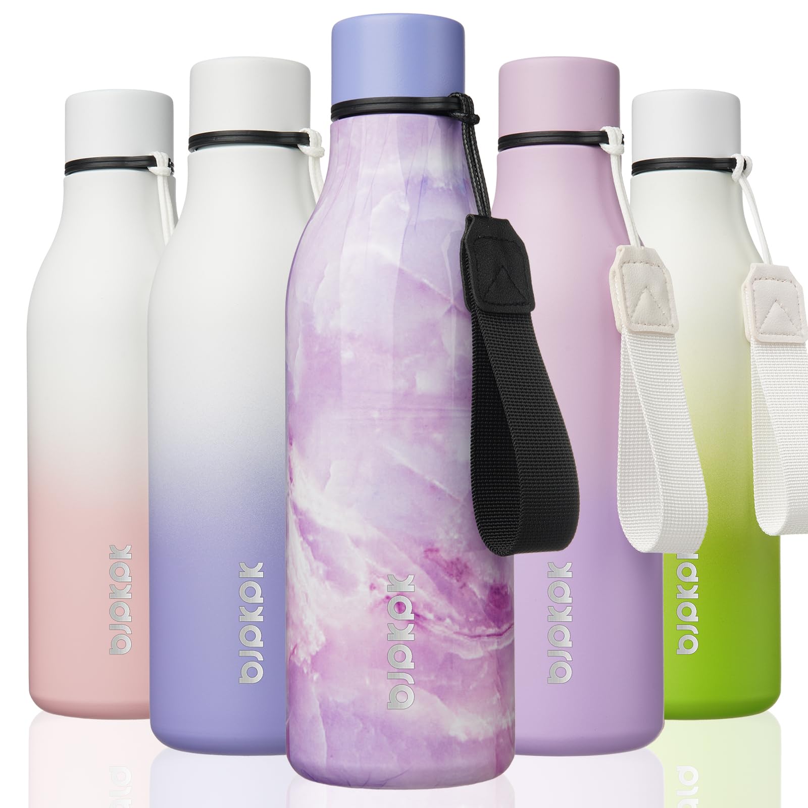 BJPKPK Insulated Water Bottles, 18 oz Stainless Steel Metal Water Bottle with Strap, BPA Free Leak Proof Jugs, Mugs, Flasks, Reusable Thermal Flasks for Sports& Travel, Blossom