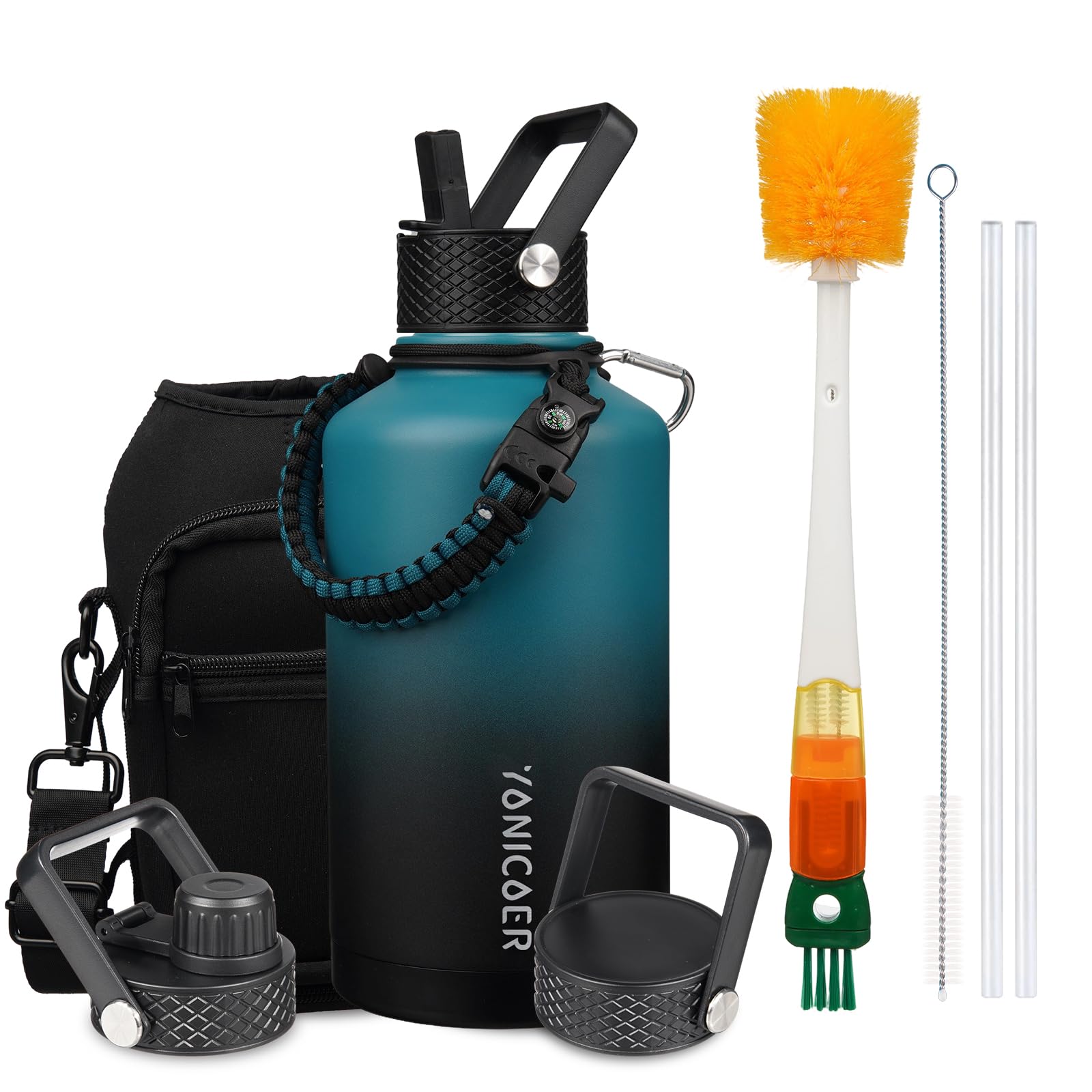 Insulated Water Bottle 128oz,Triple Wall Vacuum Stainless Steel(Dishwasher Safe),Leak Proof & Non-BPA,Flask Jug with Paracord Handle & Straw Spout Lids Sports Green