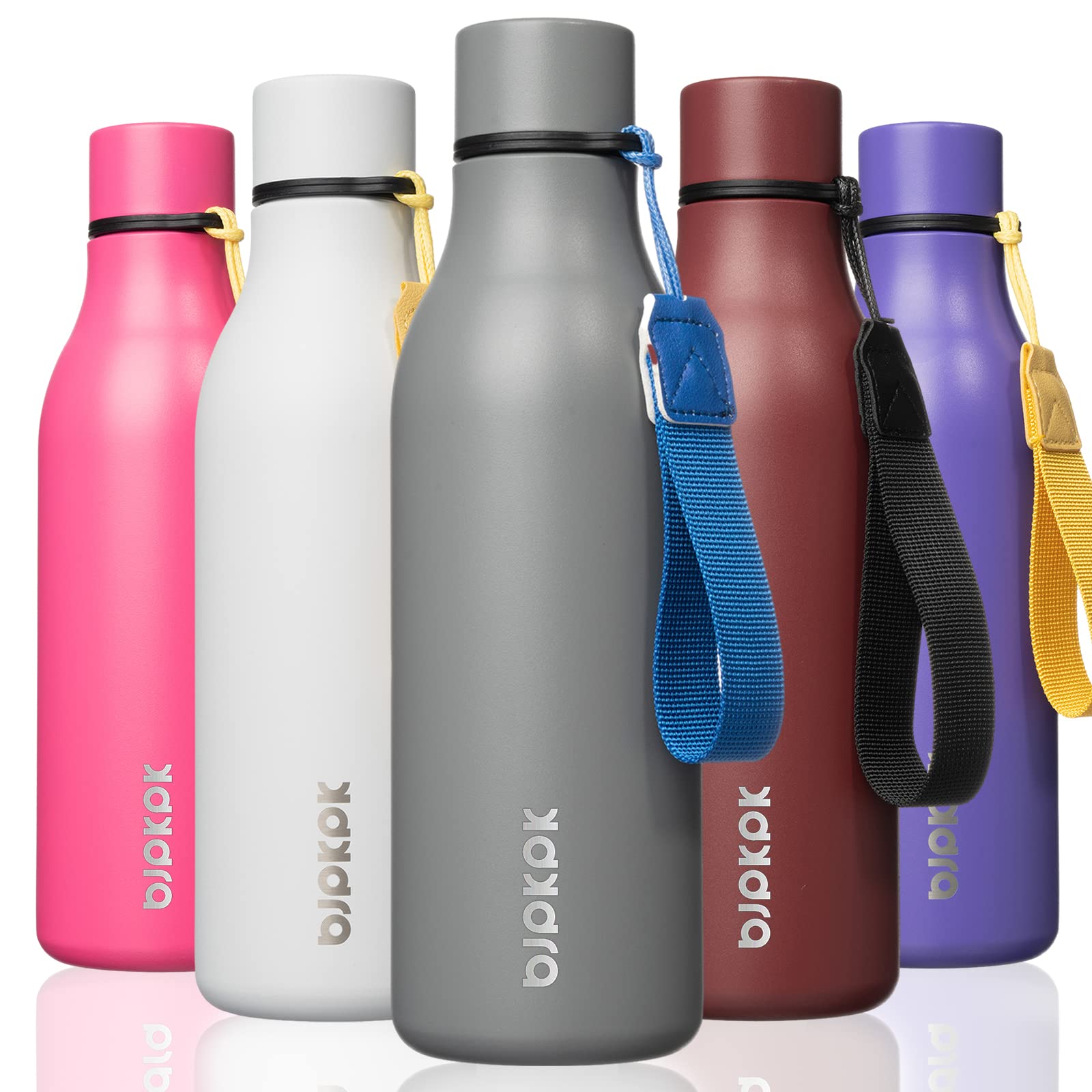 BJPKPK Insulated Water Bottles, 18 oz Stainless Steel Metal Water Bottle with Strap, BPA Free Leak Proof Jugs, Mugs, Flasks, Reusable Thermal Flasks for Sports& Travel, Blossom