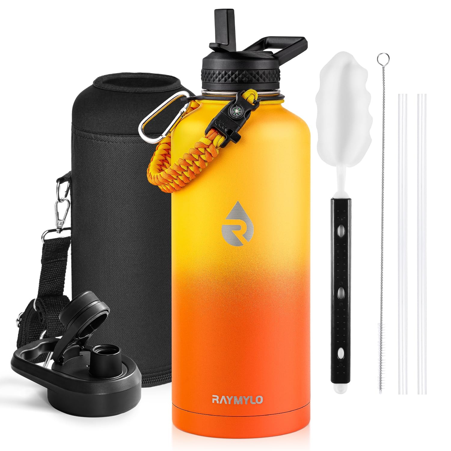 Insulated Water Bottle 64 oz, Triple Wall Vacuum Stainless Steel (Cold for 48 Hrs), Leak Proof & Non-BPA, Half Gallon Water Flask Jug with Paracord Handle & Straw Spout Lids