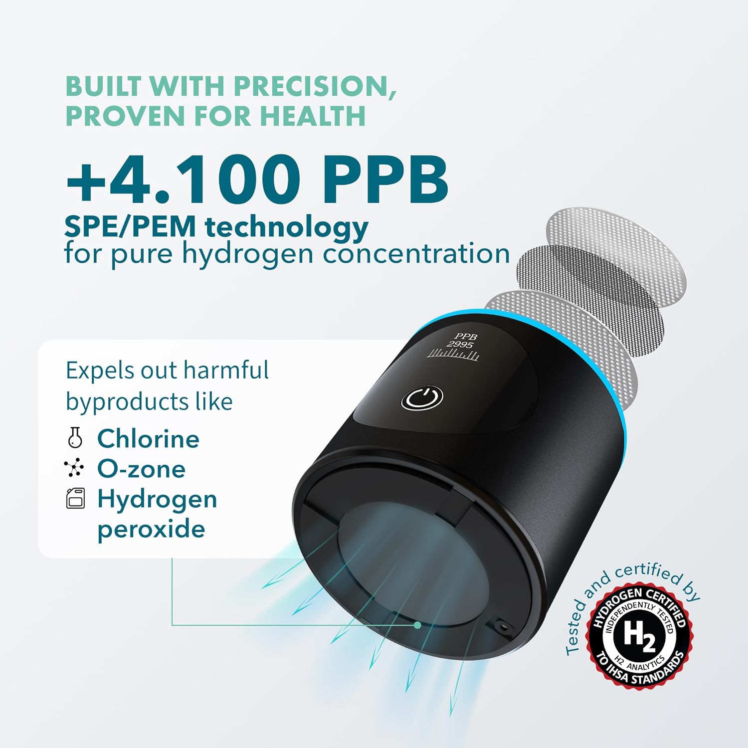 Hydrogen Water Bottle Generator - Up to 4100+ PPB Molecular Hydrogen Infusion - SPE/PEM Technology - Certified H2 Generator - Rechargeable - Extended Warranty - 10 oz (Black)