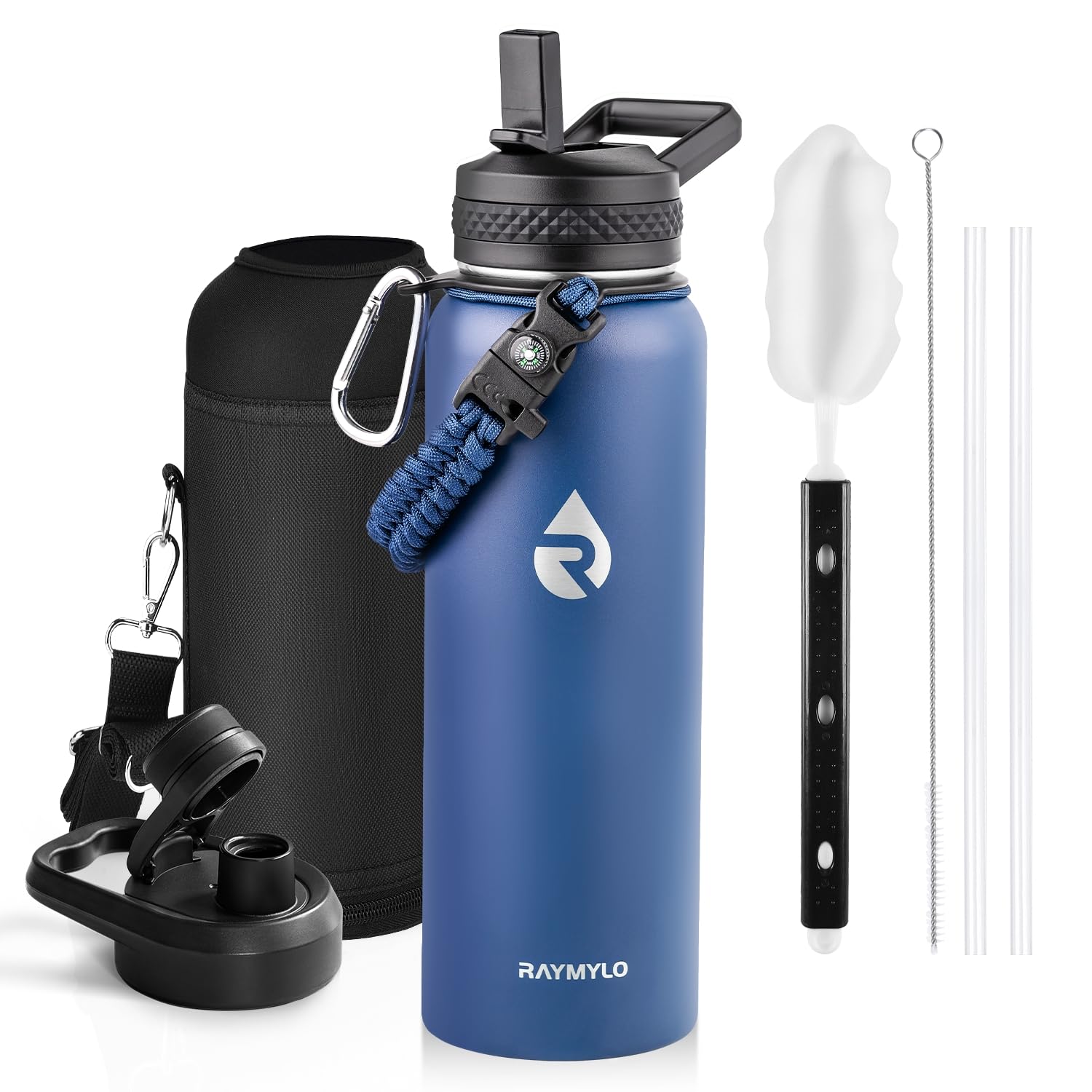 Insulated Water Bottle 64 oz, Triple Wall Vacuum Stainless Steel (Cold for 48 Hrs), Leak Proof & Non-BPA, Half Gallon Water Flask Jug with Paracord Handle & Straw Spout Lids