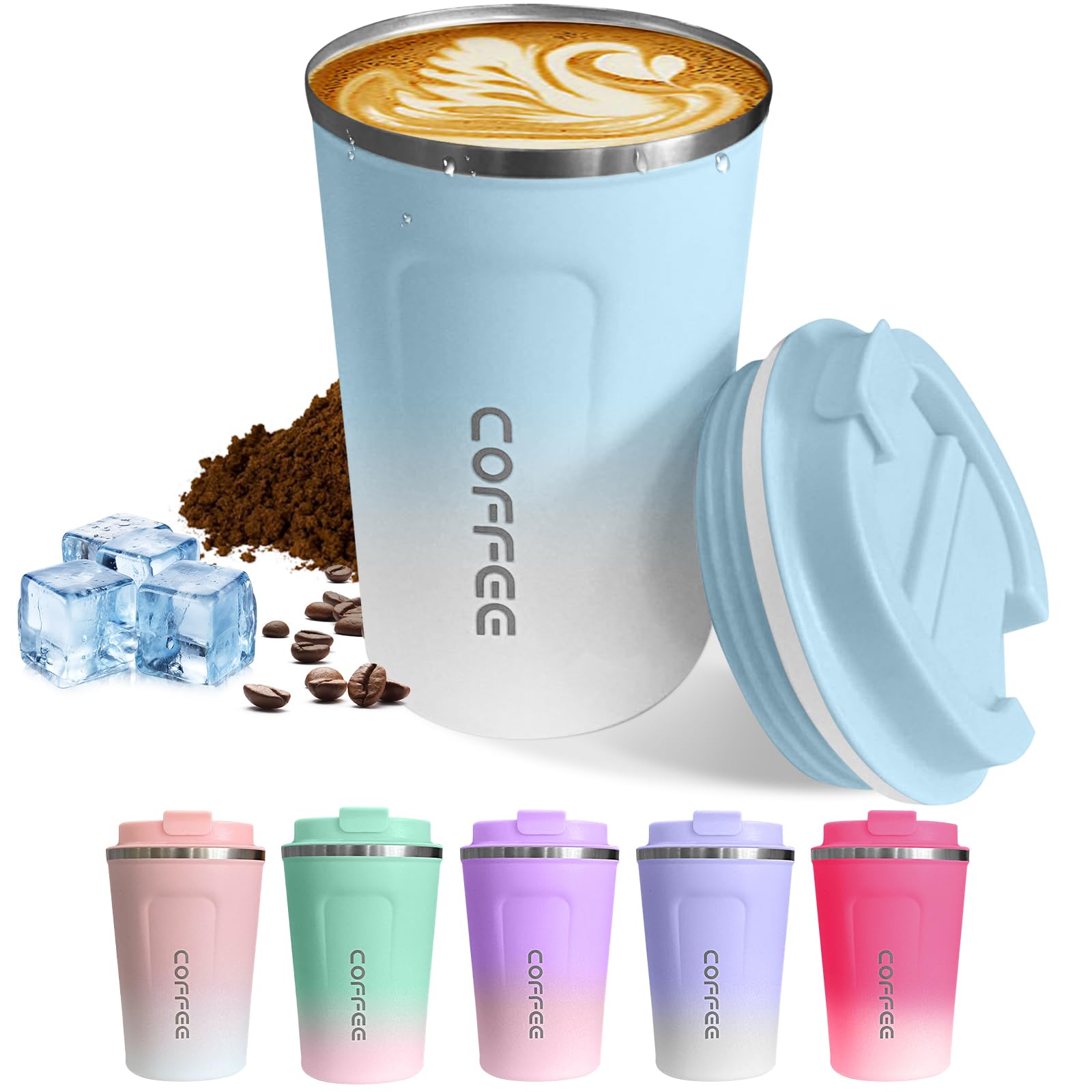 Travel coffee mugs leak-proof, reusable coffee cups with lids, stainless steel vacuum insulated coffee tumblers, thermal insulation cups for men & women keep drinks hot & cold(2nd-Green, 12OZ)