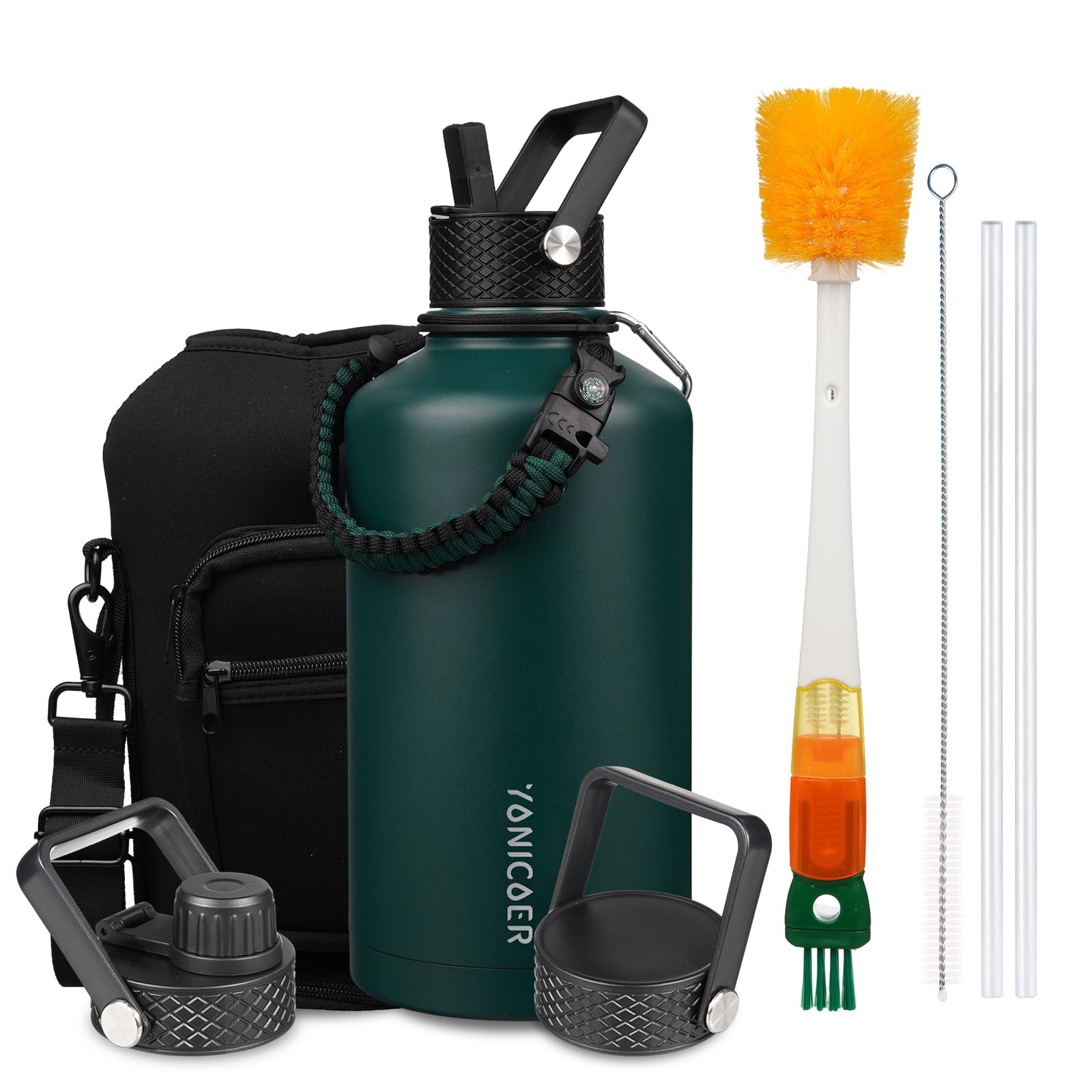 Insulated Water Bottle 128oz,Triple Wall Vacuum Stainless Steel(Dishwasher Safe),Leak Proof & Non-BPA,Flask Jug with Paracord Handle & Straw Spout Lids Sports Green