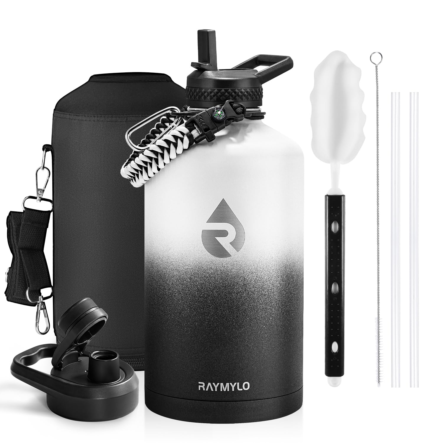 Insulated Water Bottle 64 oz, Triple Wall Vacuum Stainless Steel (Cold for 48 Hrs), Leak Proof & Non-BPA, Half Gallon Water Flask Jug with Paracord Handle & Straw Spout Lids