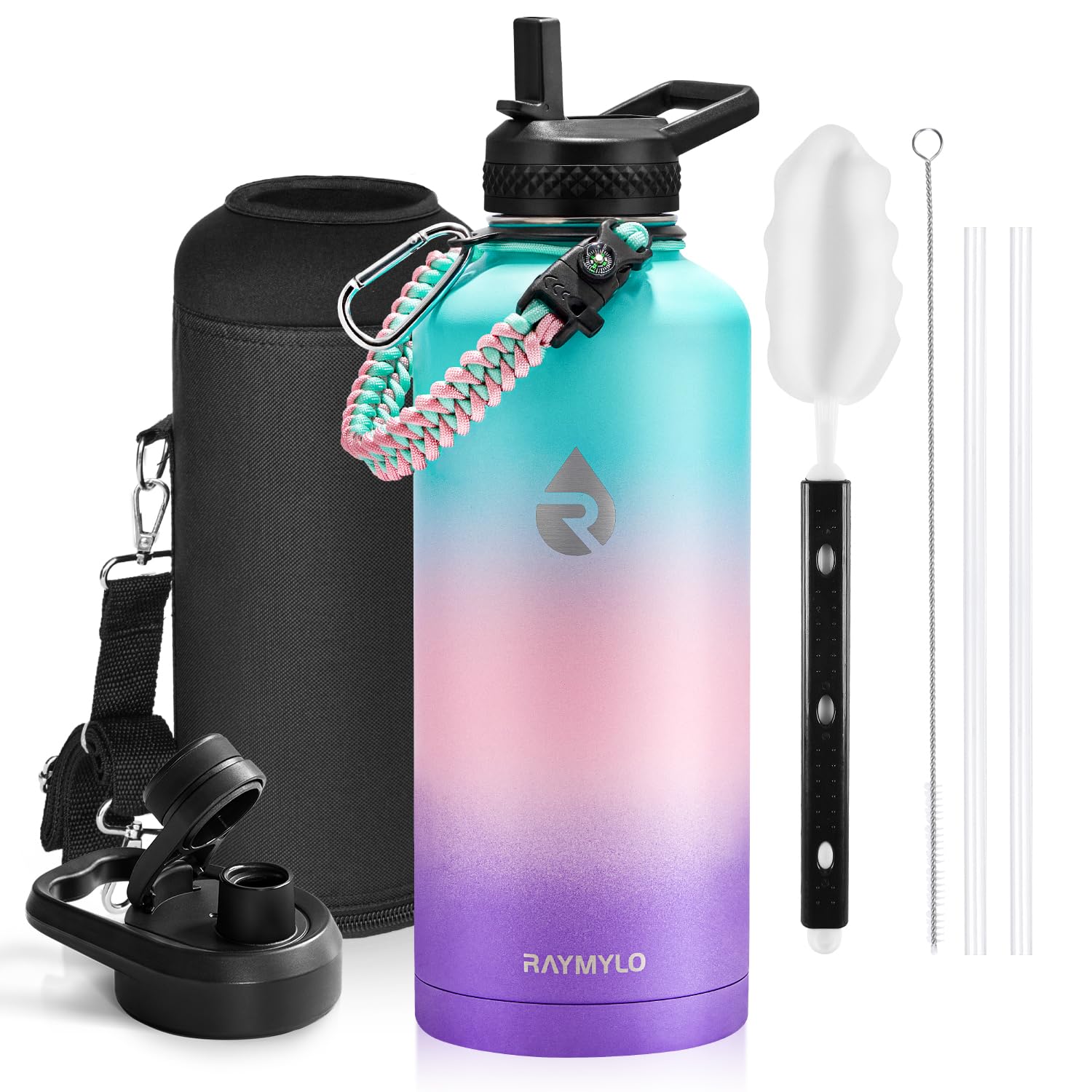 Insulated Water Bottle 64 oz, Triple Wall Vacuum Stainless Steel (Cold for 48 Hrs), Leak Proof & Non-BPA, Half Gallon Water Flask Jug with Paracord Handle & Straw Spout Lids