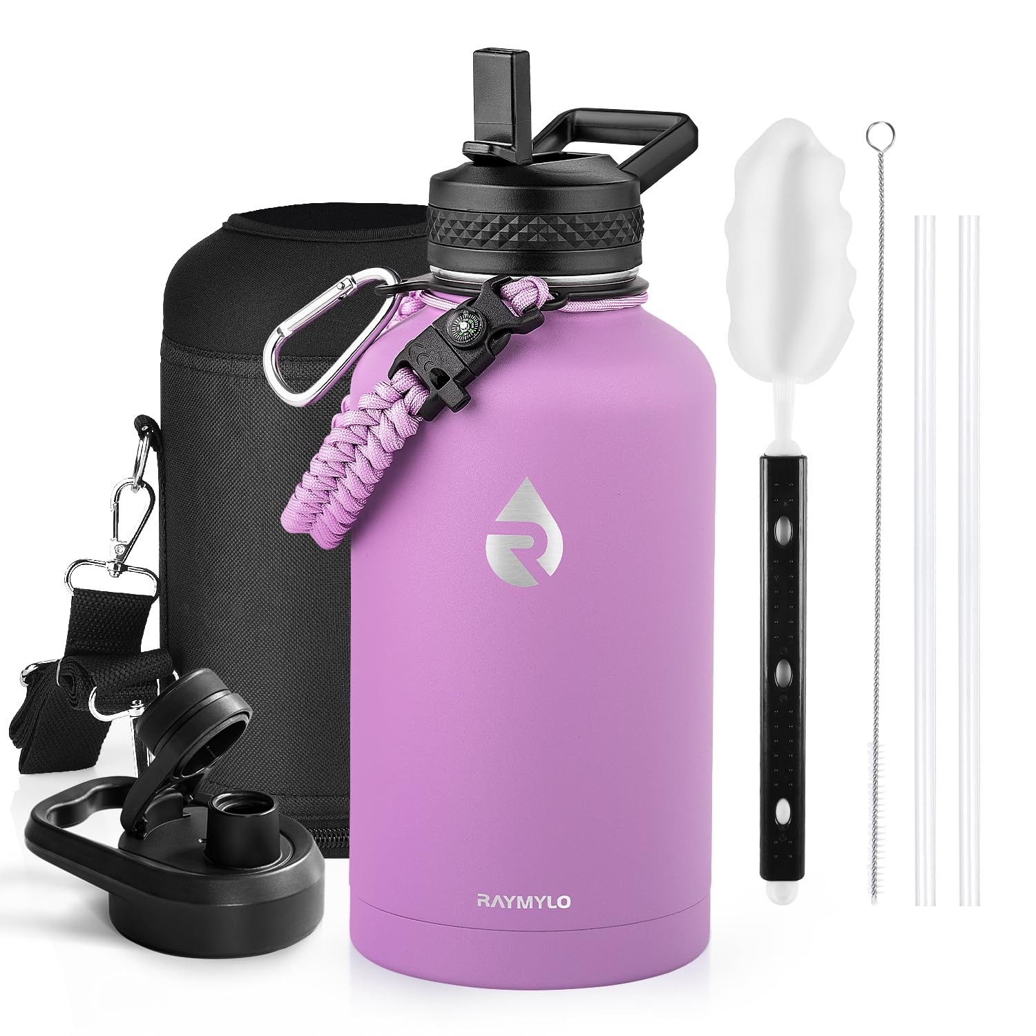 Insulated Water Bottle 64 oz, Triple Wall Vacuum Stainless Steel (Cold for 48 Hrs), Leak Proof & Non-BPA, Half Gallon Water Flask Jug with Paracord Handle & Straw Spout Lids