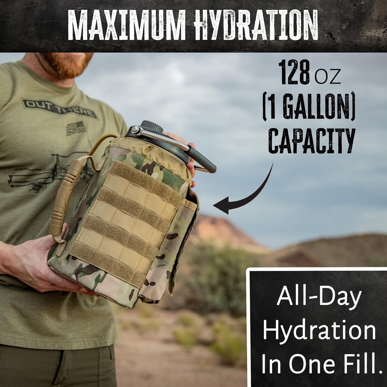 Iron Infidel Battle Bottle - One Gallon Insulated Water Bottle with Dual Carry Handles - 128 oz Tactical Stainless Steel Water Jug & Rugged Extra Large Sleeve With Storage (OCP Camo 128 Ounces)