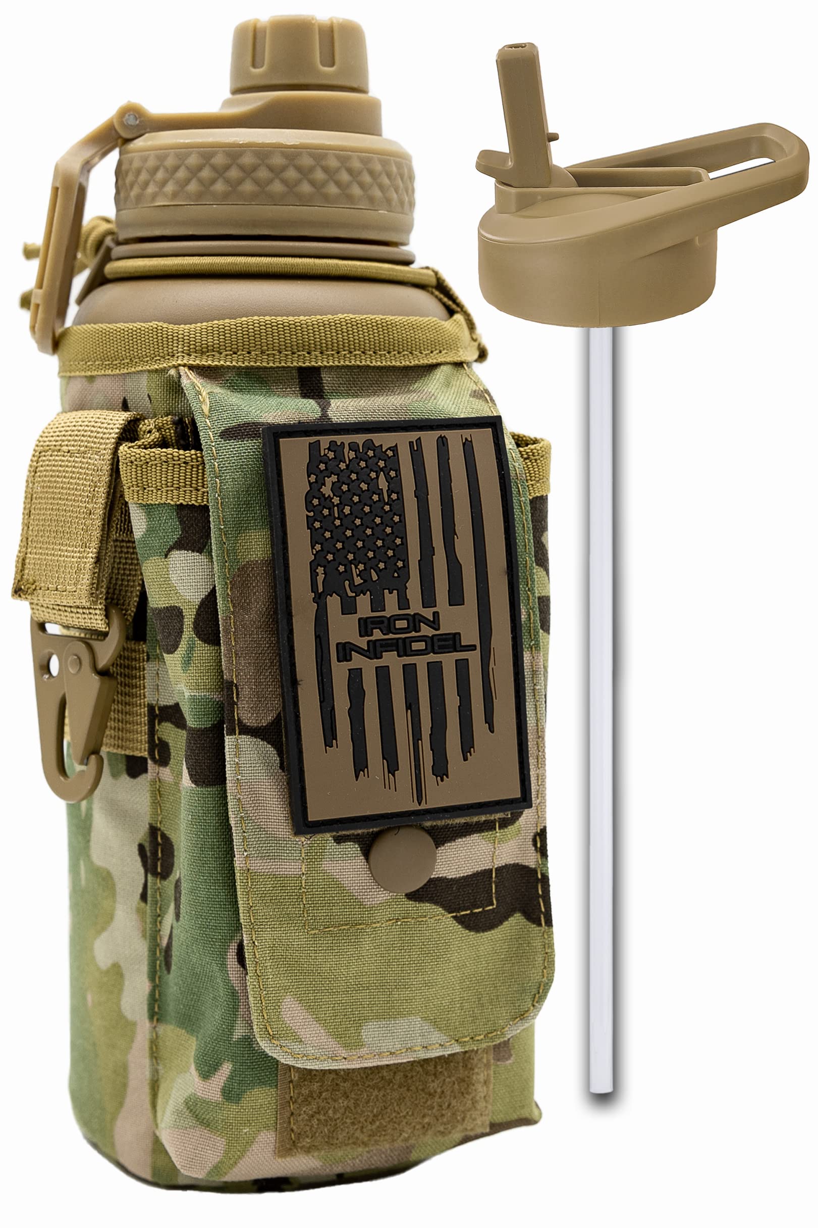 Iron Infidel Battle Bottle - One Gallon Insulated Water Bottle with Dual Carry Handles - 128 oz Tactical Stainless Steel Water Jug & Rugged Extra Large Sleeve With Storage (OCP Camo 128 Ounces)