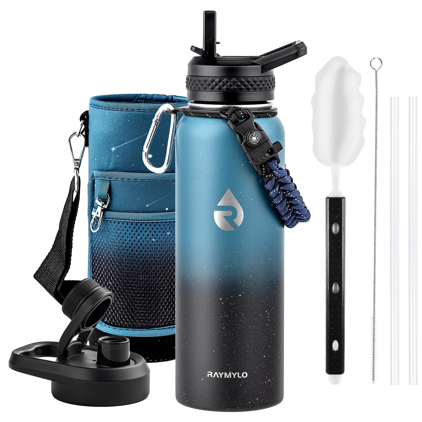 Insulated Water Bottle 64 oz, Triple Wall Vacuum Stainless Steel (Cold for 48 Hrs), Leak Proof & Non-BPA, Half Gallon Water Flask Jug with Paracord Handle & Straw Spout Lids