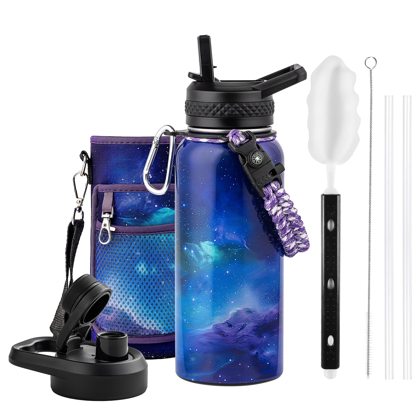 Insulated Water Bottle 64 oz, Triple Wall Vacuum Stainless Steel (Cold for 48 Hrs), Leak Proof & Non-BPA, Half Gallon Water Flask Jug with Paracord Handle & Straw Spout Lids