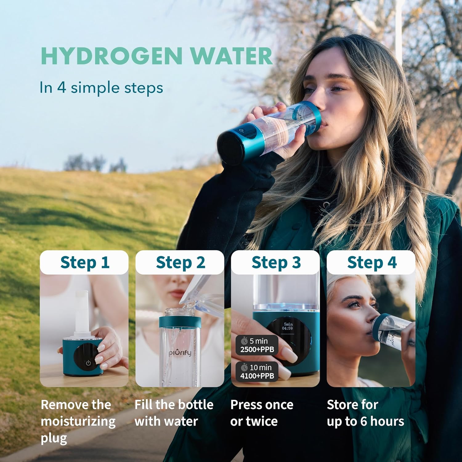 Hydrogen Water Bottle Generator - Up to 4100+ PPB Molecular Hydrogen Infusion - SPE/PEM Technology - Certified H2 Generator - Rechargeable - Extended Warranty - 10 oz (Turquoise)