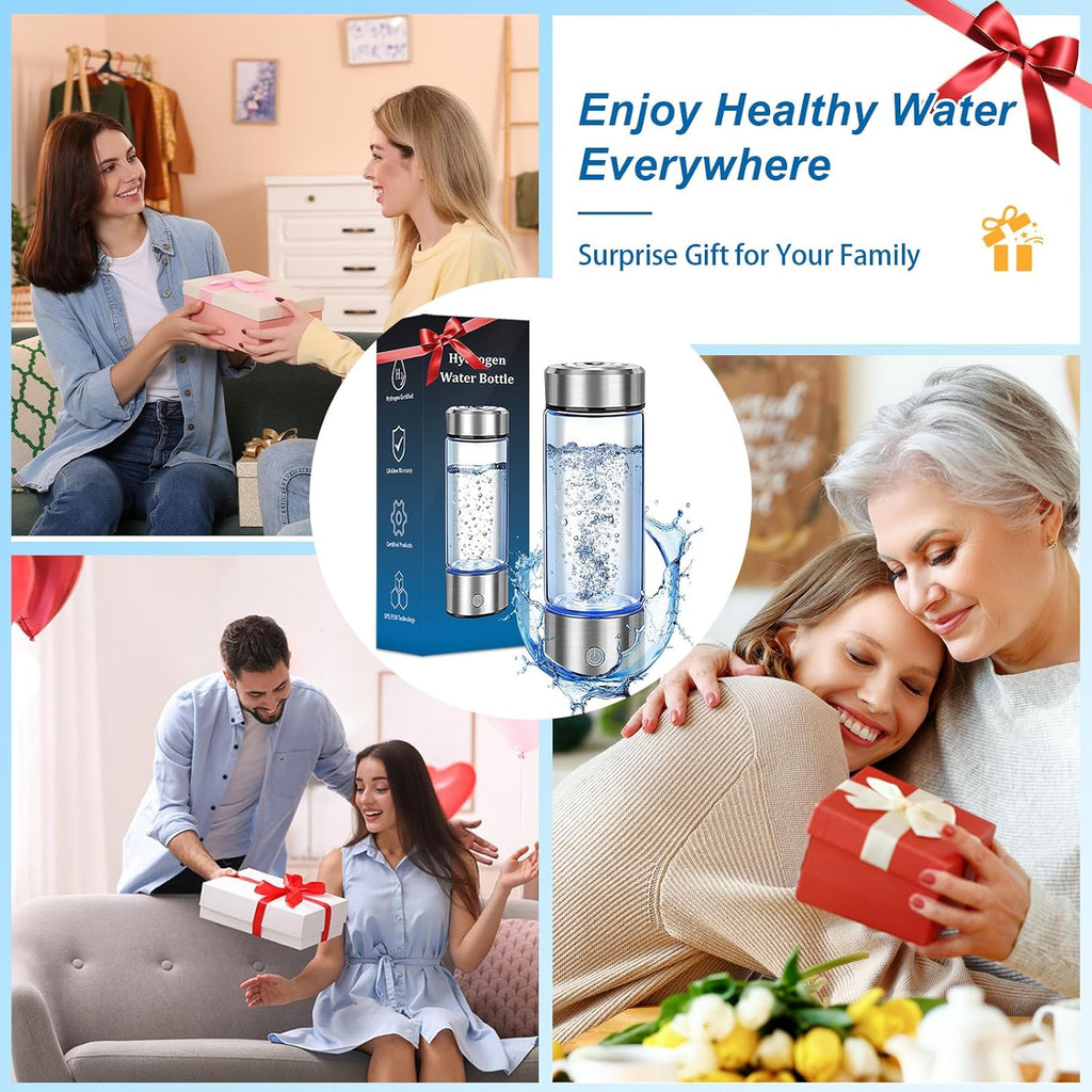 Hydrogen Water Bottle Generator - Portable Hydrogen Water Ionizer Machine SPE PEM Tech, Rechargeable Hydrogen Rich Water Glass Bottle for Home Gym Office and Travel Hydrogen Bottle