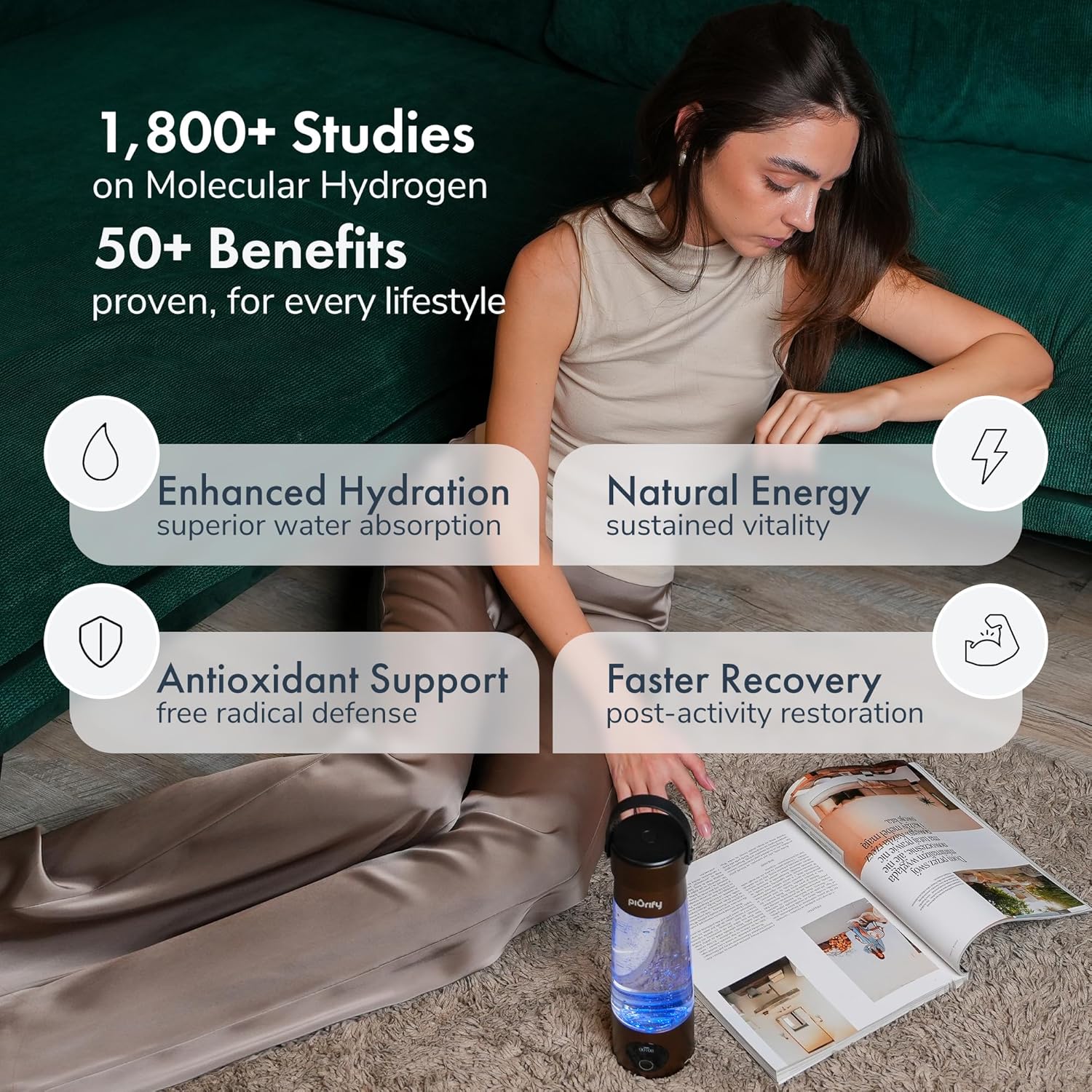 Hydrogen Water Bottle Generator | 17 OZ | UP to 6,290 PPB H2 Molecular Hydrogen | SPE/PEM Electrolysis | Ergonomic Handle | Dual-Mode | 2200 mAh Battery | Certified by H2 Analytics | Brown