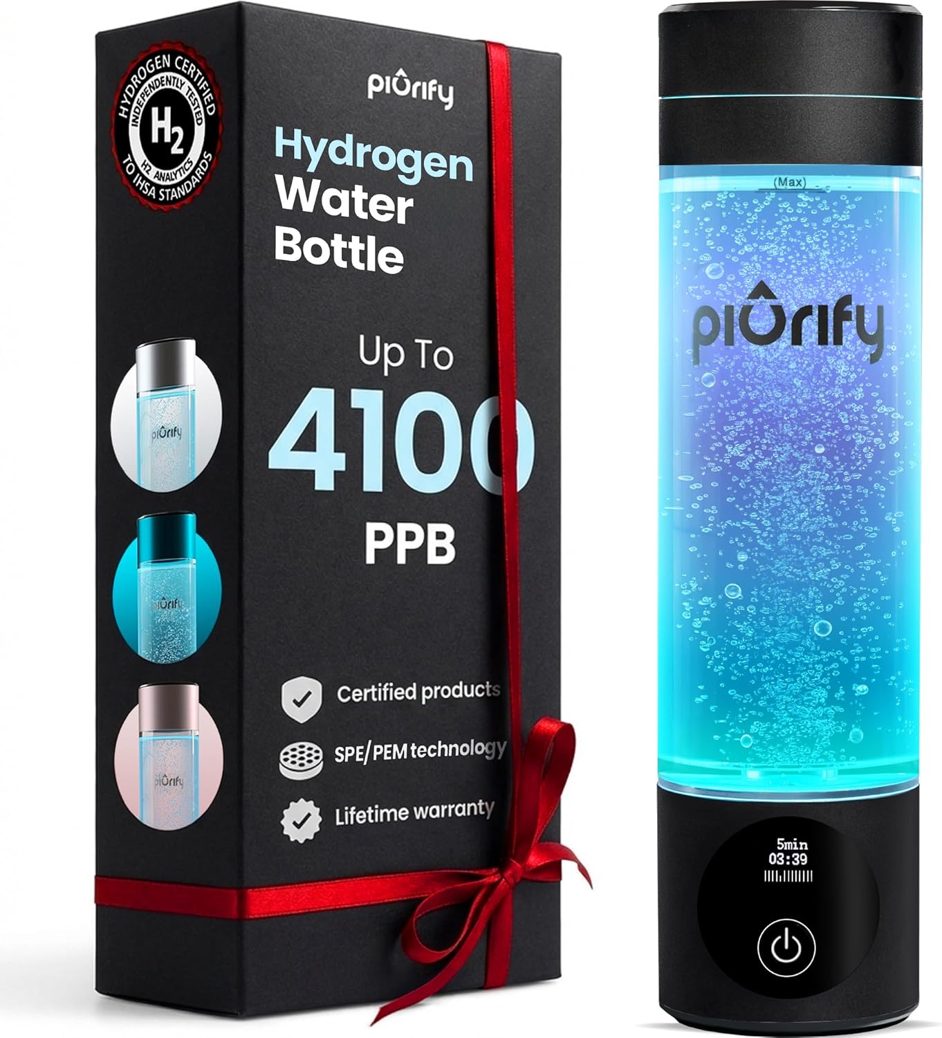 Hydrogen Water Bottle Generator - Up to 4100+ PPB Molecular Hydrogen Infusion - SPE/PEM Technology - Certified H2 Generator - Rechargeable - Extended Warranty - 10 oz (Black)