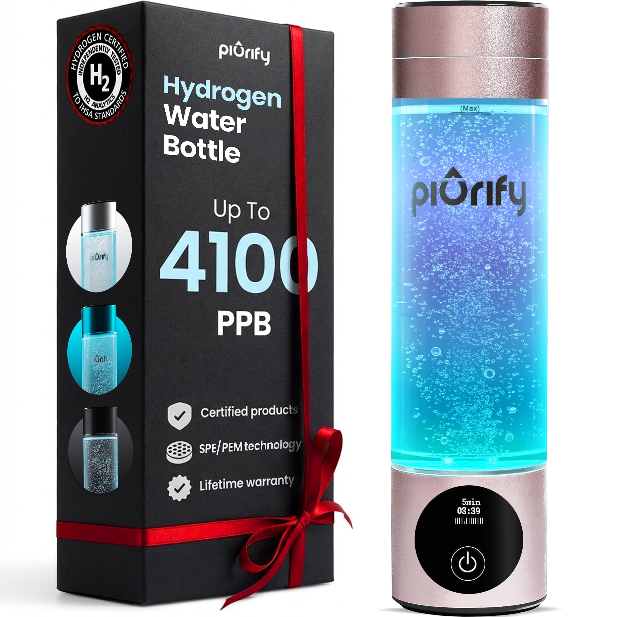 Hydrogen Water Bottle Generator - Up to 4100+ PPB Molecular Hydrogen Infusion - SPE/PEM Technology - Certified H2 Generator - Rechargeable - Extended Warranty - 10 oz (Black)
