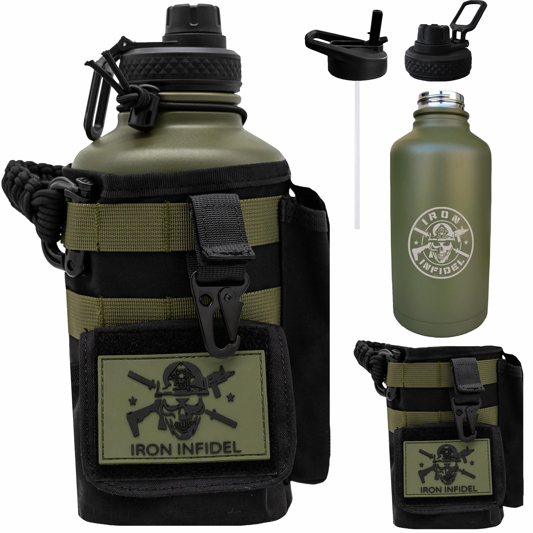 Iron Infidel Battle Bottle - One Gallon Insulated Water Bottle with Dual Carry Handles - 128 oz Tactical Stainless Steel Water Jug & Rugged Extra Large Sleeve With Storage (OCP Camo 128 Ounces)