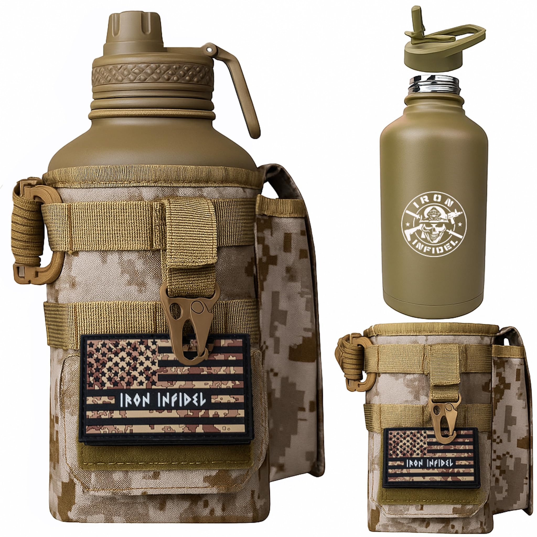 Iron Infidel Battle Bottle - One Gallon Insulated Water Bottle with Dual Carry Handles - 128 oz Tactical Stainless Steel Water Jug & Rugged Extra Large Sleeve With Storage (OCP Camo 128 Ounces)