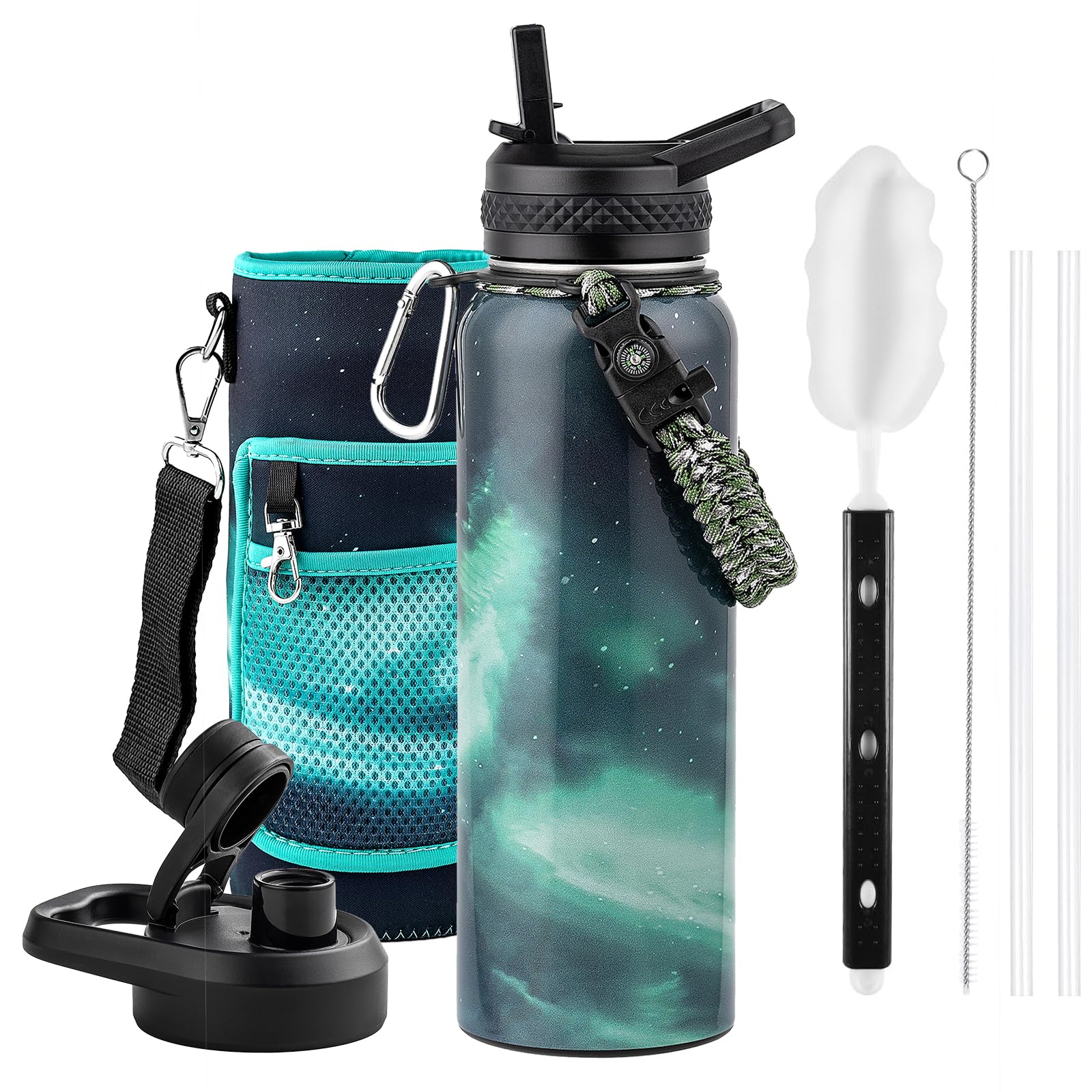 Insulated Water Bottle 64 oz, Triple Wall Vacuum Stainless Steel (Cold for 48 Hrs), Leak Proof & Non-BPA, Half Gallon Water Flask Jug with Paracord Handle & Straw Spout Lids