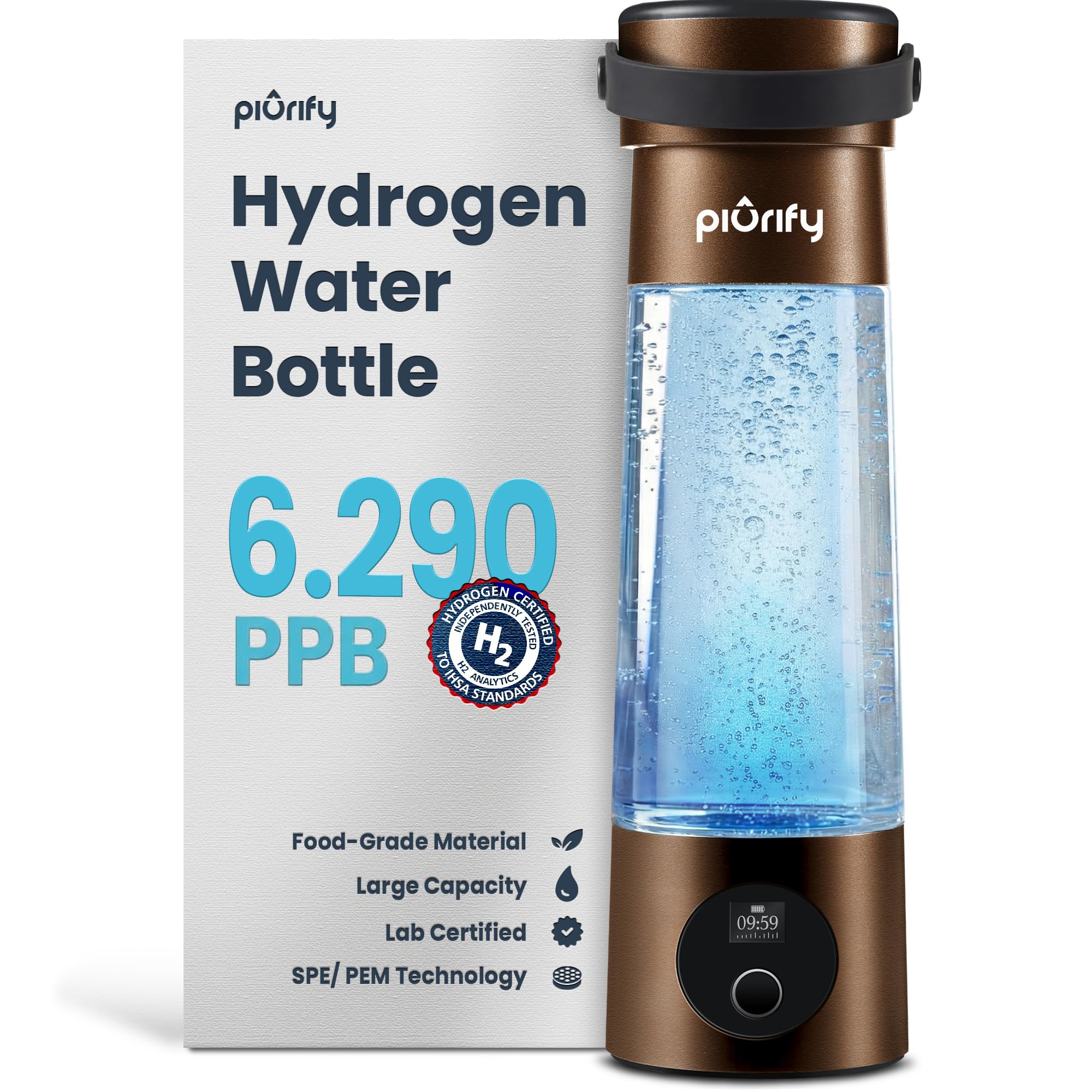 Hydrogen Water Bottle Generator | 17 OZ | UP to 6,290 PPB H2 Molecular Hydrogen | SPE/PEM Electrolysis | Ergonomic Handle | Dual-Mode | 2200 mAh Battery | Certified by H2 Analytics | Brown