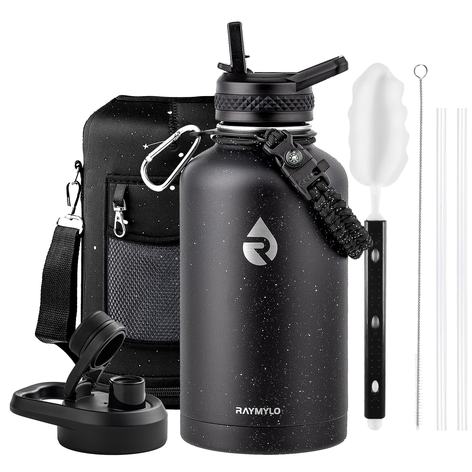 Insulated Water Bottle 64 oz, Triple Wall Vacuum Stainless Steel (Cold for 48 Hrs), Leak Proof & Non-BPA, Half Gallon Water Flask Jug with Paracord Handle & Straw Spout Lids