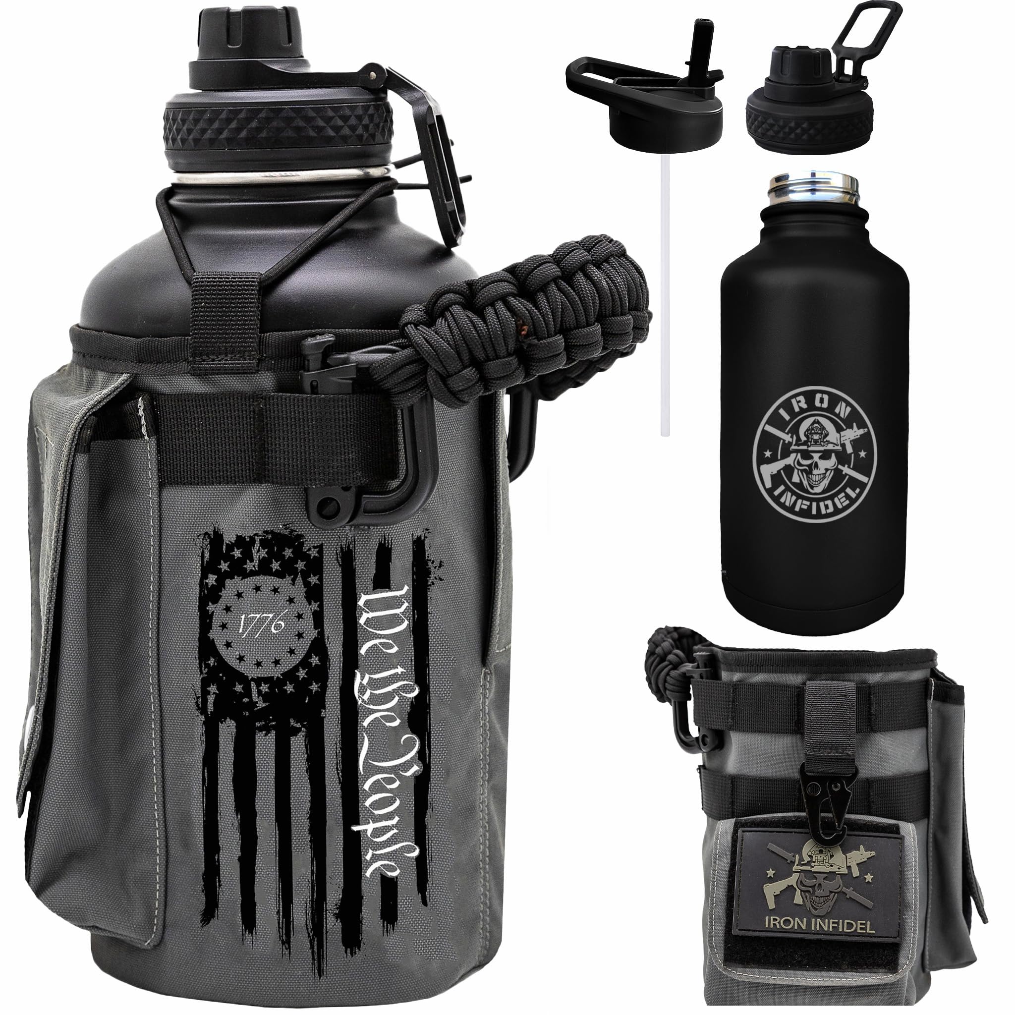 Iron Infidel Battle Bottle - One Gallon Insulated Water Bottle with Dual Carry Handles - 128 oz Tactical Stainless Steel Water Jug & Rugged Extra Large Sleeve With Storage (OCP Camo 128 Ounces)