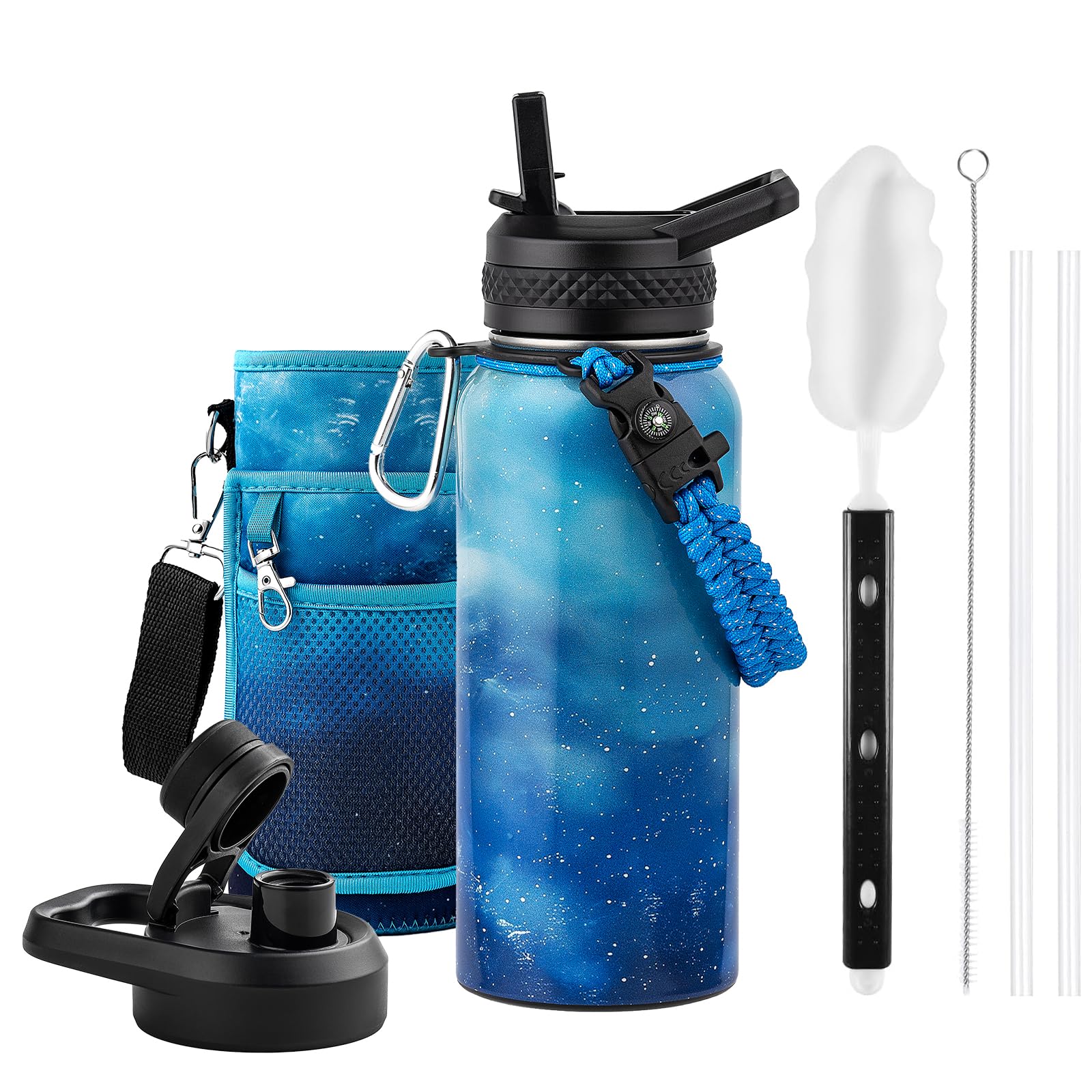 Insulated Water Bottle 64 oz, Triple Wall Vacuum Stainless Steel (Cold for 48 Hrs), Leak Proof & Non-BPA, Half Gallon Water Flask Jug with Paracord Handle & Straw Spout Lids