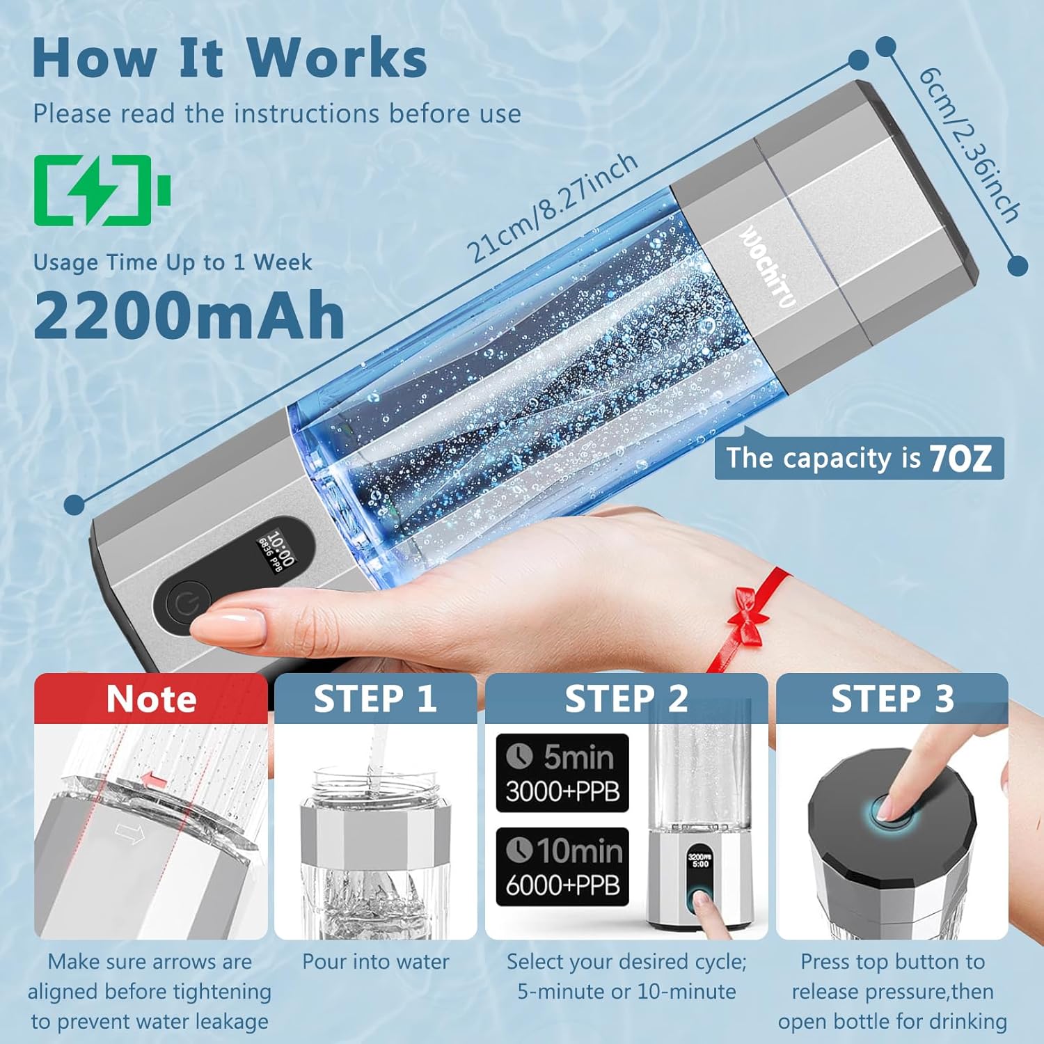 WochiTV Hydrogen Water Bottle Generator, 6400PPB High Concentration Portable Hydrogen Water Machine with SPE/PEM Tech, Water Ionizer & LED Display,7oz Leak-Proof BPA-Free, Gym, Travel, Gifts SLIVER