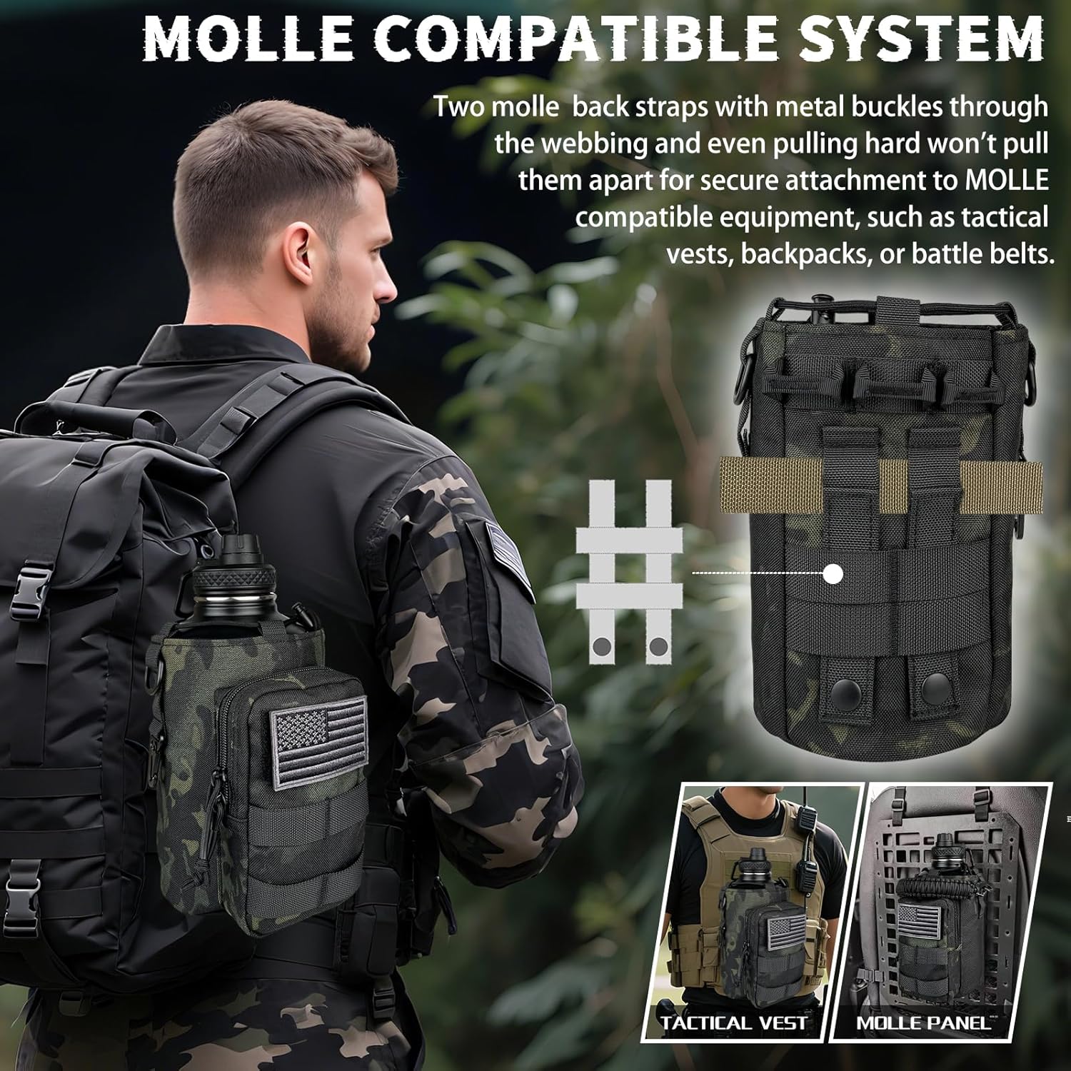 Half Gallon Water Bottle Insulated with Sleeve - Tactical 64 oz Stainless Steel Water Jug with MOLLE Water Bottle Pouch, Gym Water Bottles for Men Hiking Workout (Black Camo)