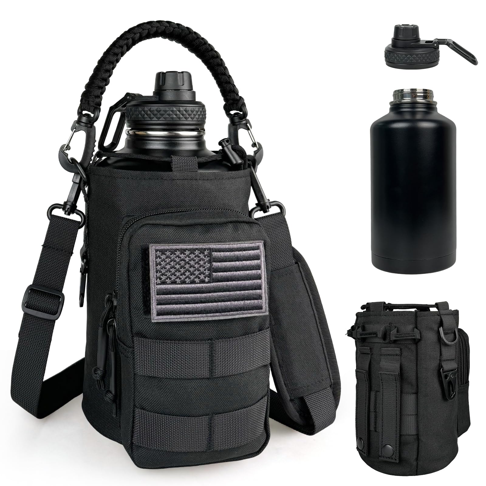 Half Gallon Water Bottle Insulated with Sleeve - Tactical 64 oz Stainless Steel Water Jug with MOLLE Water Bottle Pouch, Gym Water Bottles for Men Hiking Workout (Black Camo)