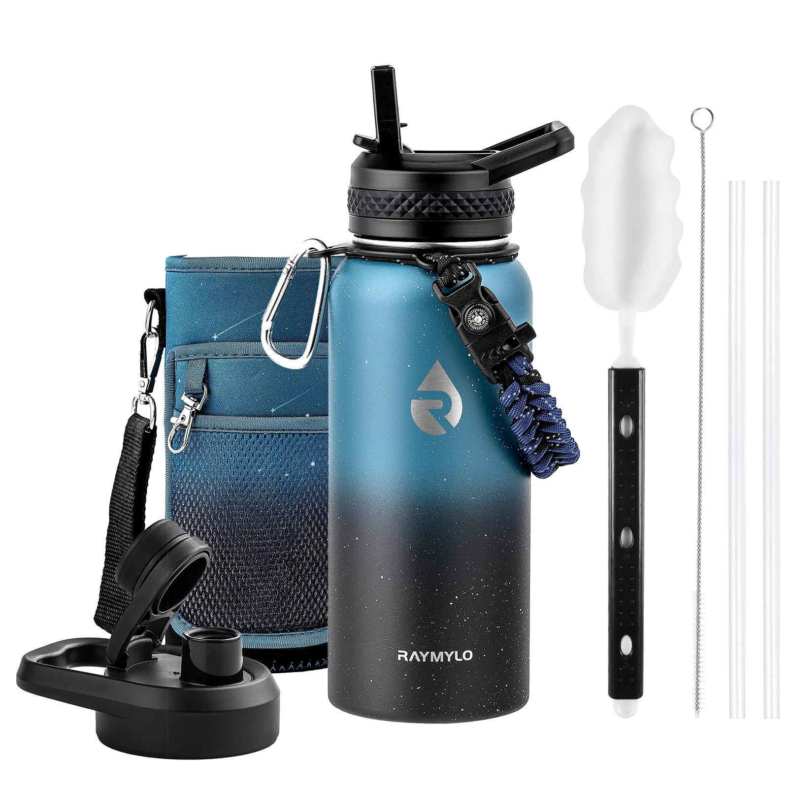 Insulated Water Bottle 64 oz, Triple Wall Vacuum Stainless Steel (Cold for 48 Hrs), Leak Proof & Non-BPA, Half Gallon Water Flask Jug with Paracord Handle & Straw Spout Lids