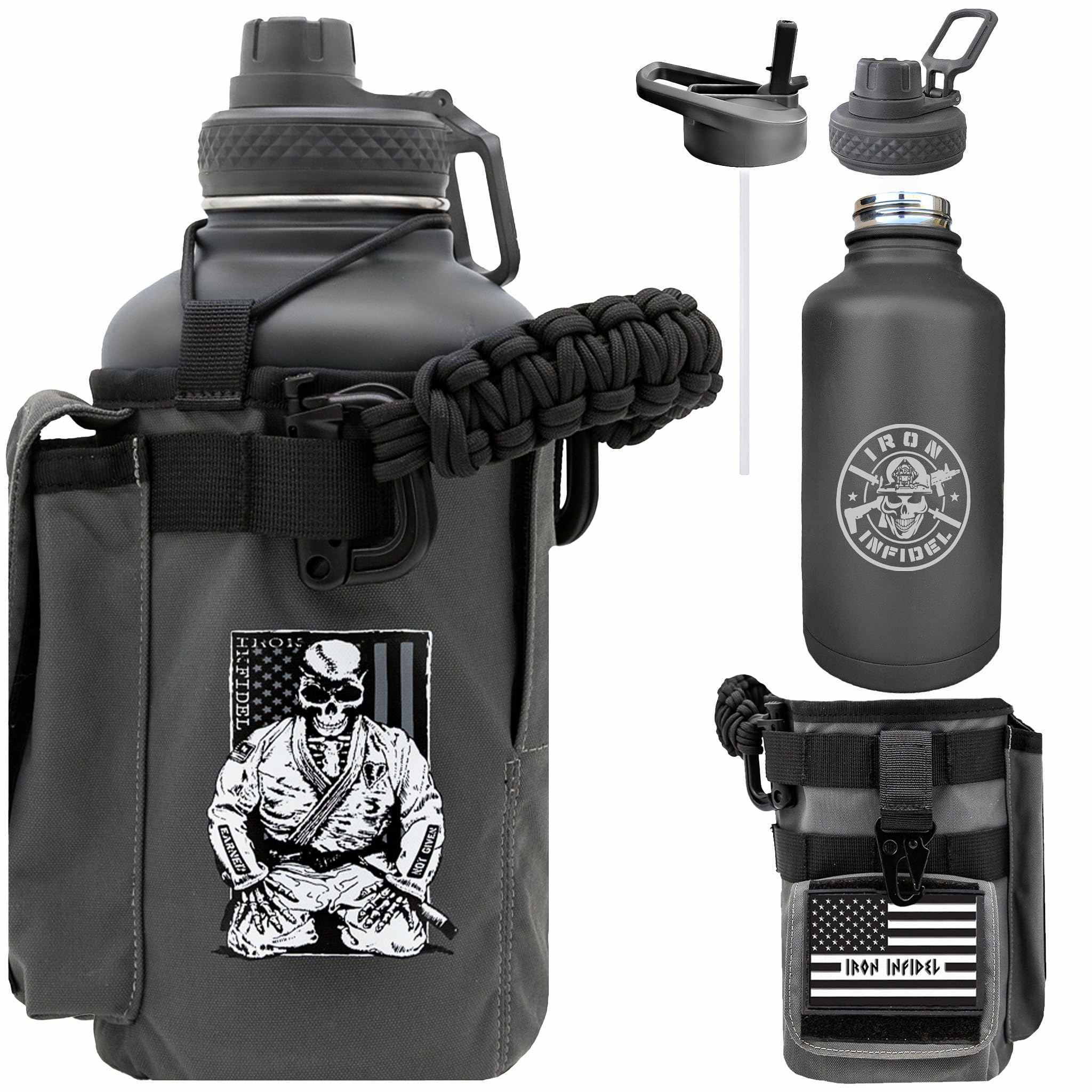 Iron Infidel Battle Bottle - One Gallon Insulated Water Bottle with Dual Carry Handles - 128 oz Tactical Stainless Steel Water Jug & Rugged Extra Large Sleeve With Storage (OCP Camo 128 Ounces)