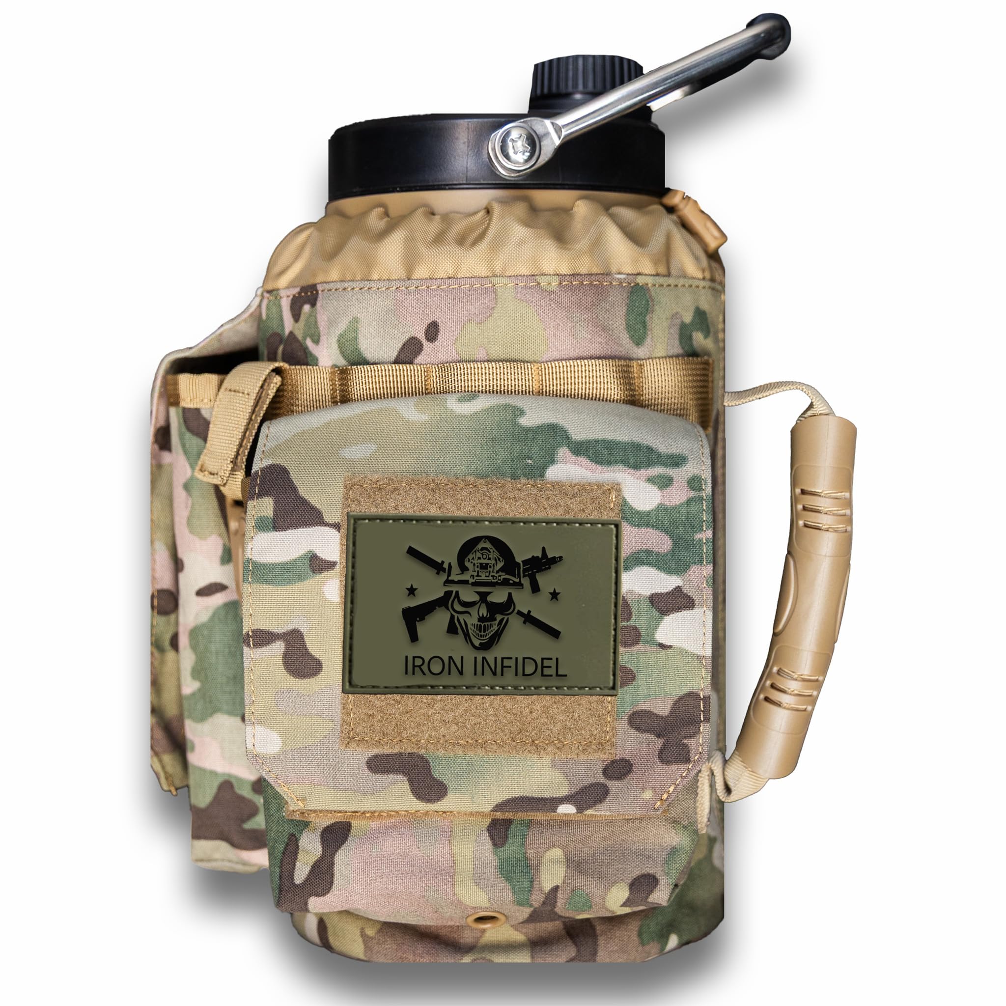 Iron Infidel Battle Bottle - Half Gallon Insulated Water Bottle with Paracord Handle - Large 64 oz Stainless Steel Water Jug & Rugged, Removable Sleeve For Keys, Wallet, Phone (Black Camo 2 Liter)