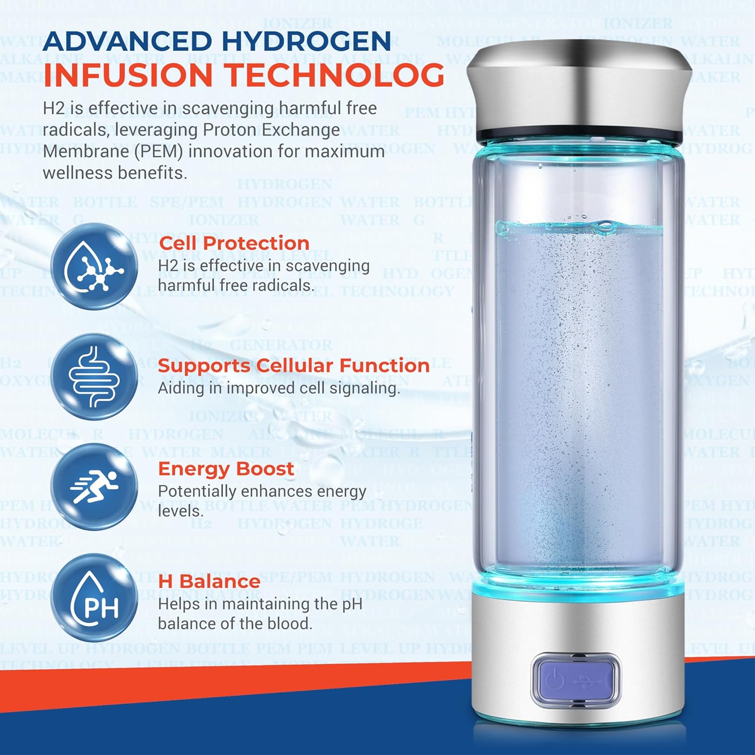 LevelUpWay Hydrogen Water Bottle - Advanced SPE/PEM Technology, Premium Borosilicate Glass, Made for Daily Hydration
