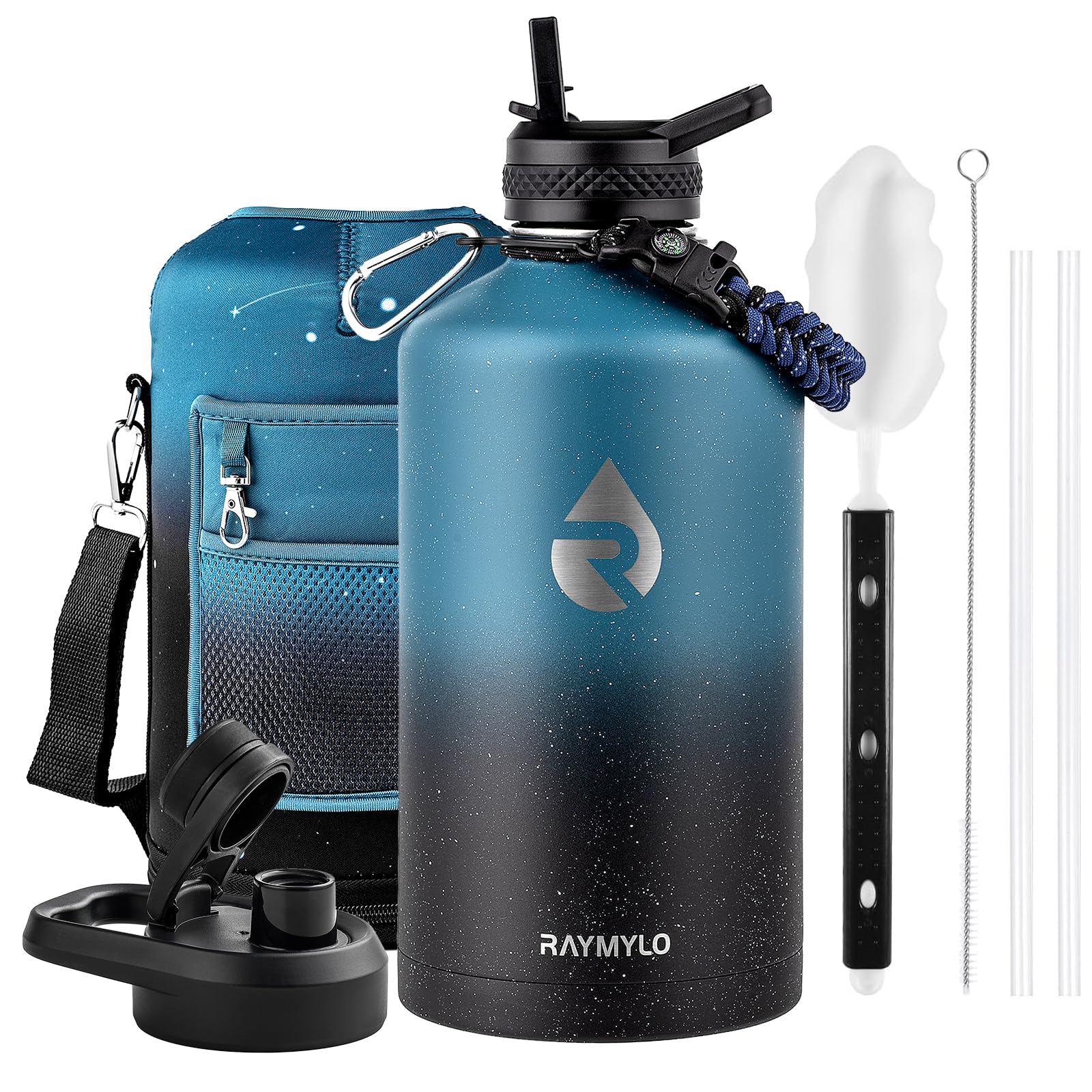 Insulated Water Bottle 64 oz, Triple Wall Vacuum Stainless Steel (Cold for 48 Hrs), Leak Proof & Non-BPA, Half Gallon Water Flask Jug with Paracord Handle & Straw Spout Lids