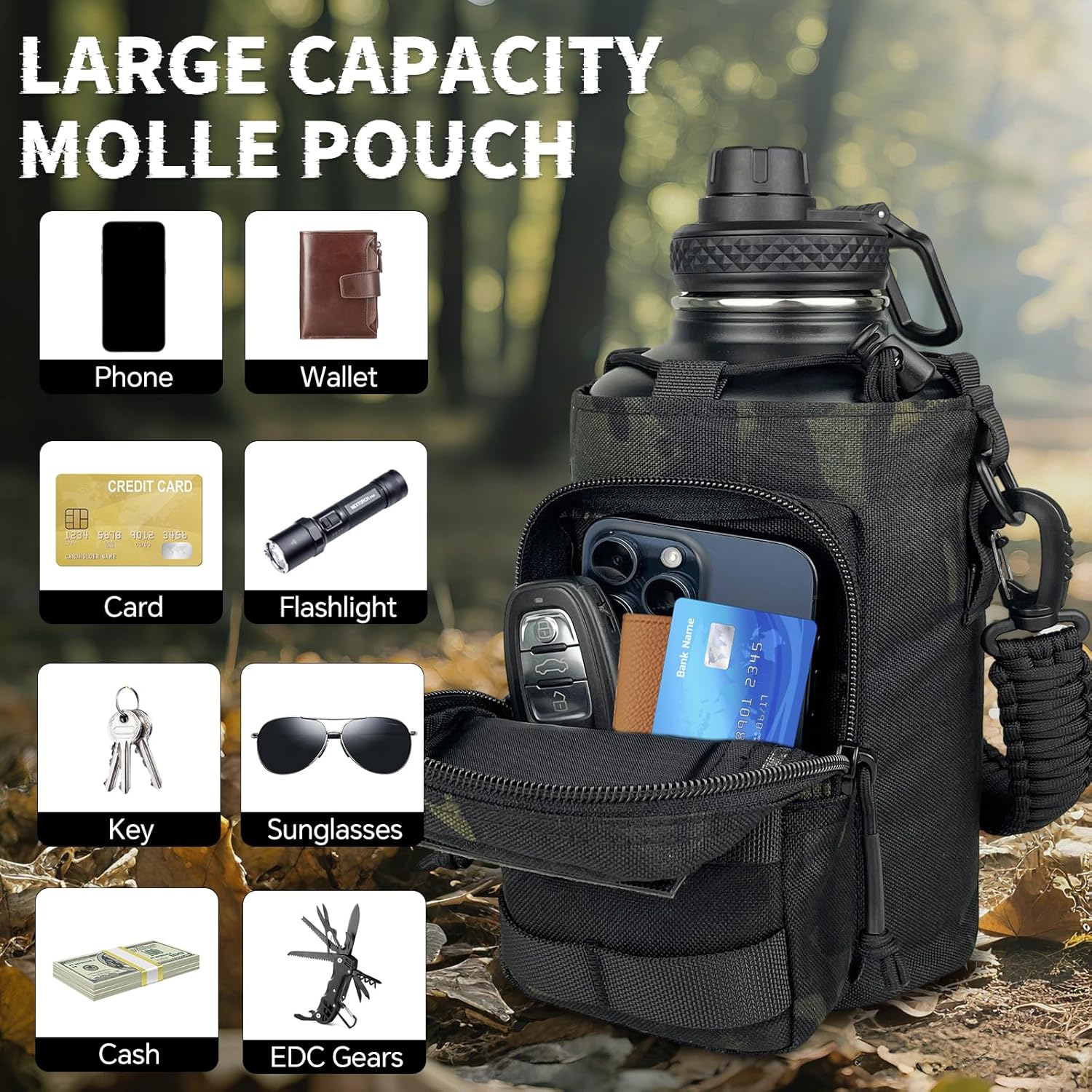 Half Gallon Water Bottle Insulated with Sleeve - Tactical 64 oz Stainless Steel Water Jug with MOLLE Water Bottle Pouch, Gym Water Bottles for Men Hiking Workout (Black Camo)