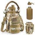 Half Gallon Water Bottle Insulated with Sleeve - Tactical 64 oz Stainless Steel Water Jug with MOLLE Water Bottle Pouch, Gym Water Bottles for Men Hiking Workout (Black Camo)