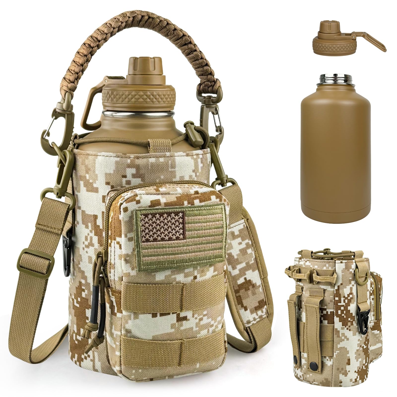 Half Gallon Water Bottle Insulated with Sleeve - Tactical 64 oz Stainless Steel Water Jug with MOLLE Water Bottle Pouch, Gym Water Bottles for Men Hiking Workout (Black Camo)