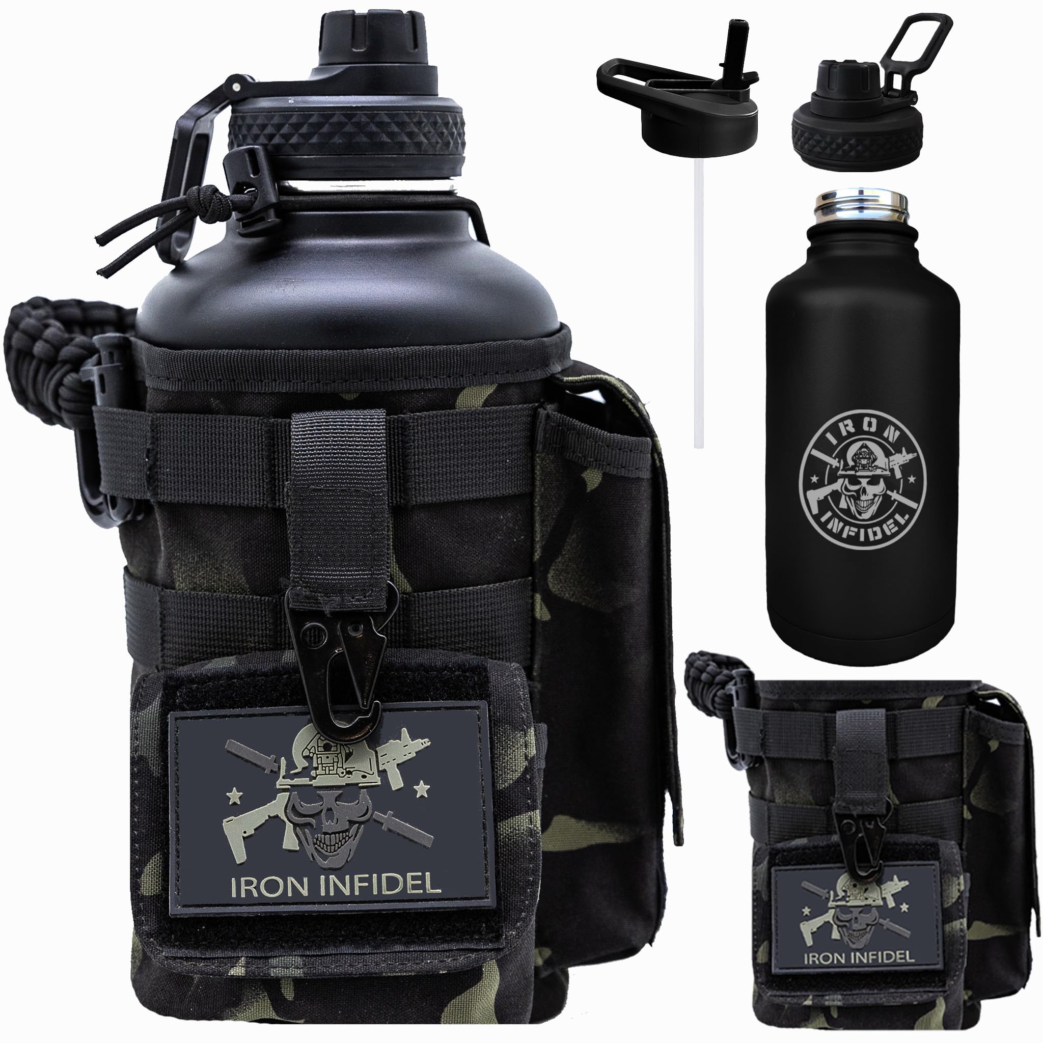Iron Infidel Battle Bottle - One Gallon Insulated Water Bottle with Dual Carry Handles - 128 oz Tactical Stainless Steel Water Jug & Rugged Extra Large Sleeve With Storage (OCP Camo 128 Ounces)