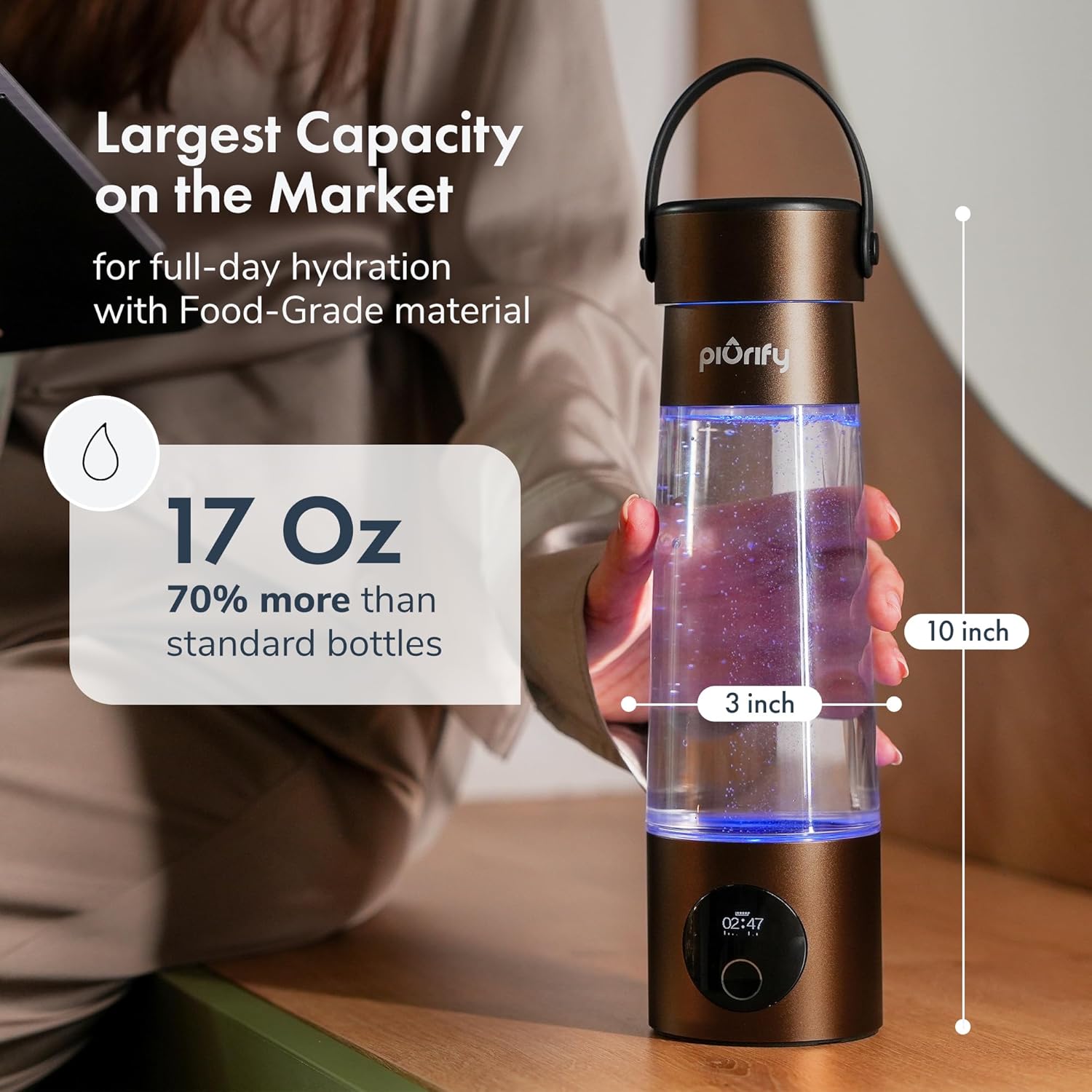 Hydrogen Water Bottle Generator | 17 OZ | UP to 6,290 PPB H2 Molecular Hydrogen | SPE/PEM Electrolysis | Ergonomic Handle | Dual-Mode | 2200 mAh Battery | Certified by H2 Analytics | Brown