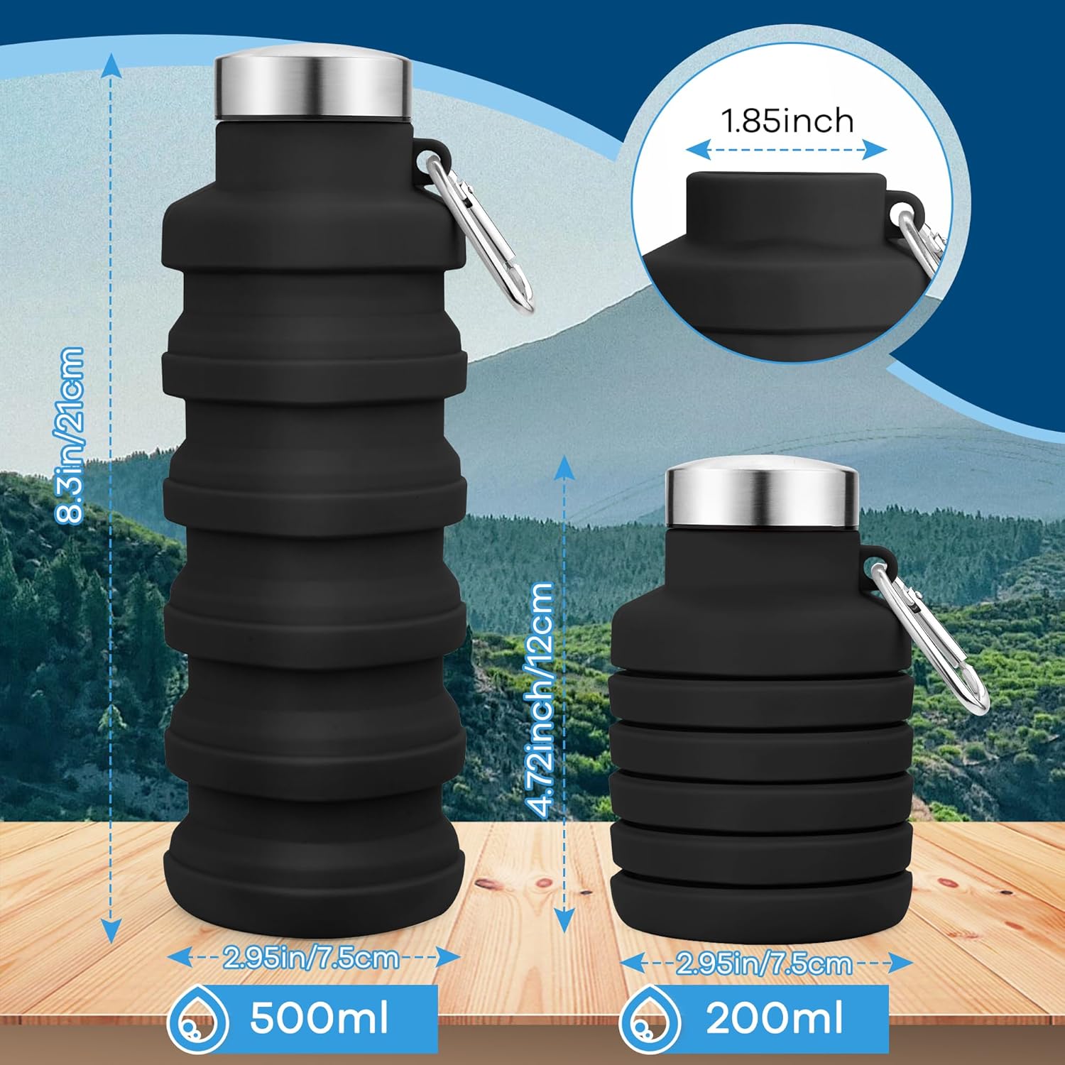Collapsible Water Bottles 17oz, Portable Leak-Proof Travel Water Bottle, Reusable BPA Free Silicone Foldable Water Bottle with Carabiner for Gym, Traveling, Camping, Hiking, Sports(Black+Blue)