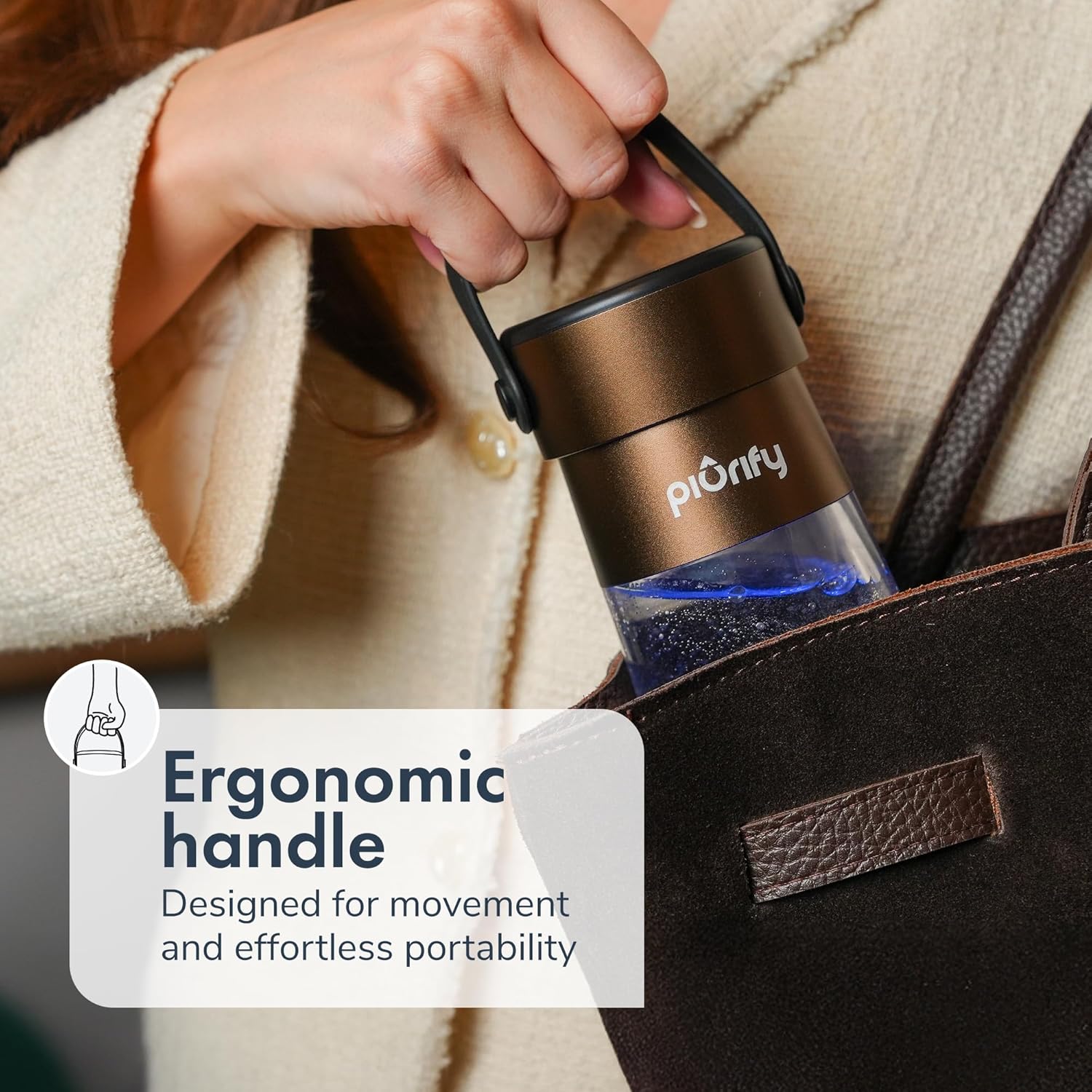 Hydrogen Water Bottle Generator | 17 OZ | UP to 6,290 PPB H2 Molecular Hydrogen | SPE/PEM Electrolysis | Ergonomic Handle | Dual-Mode | 2200 mAh Battery | Certified by H2 Analytics | Brown