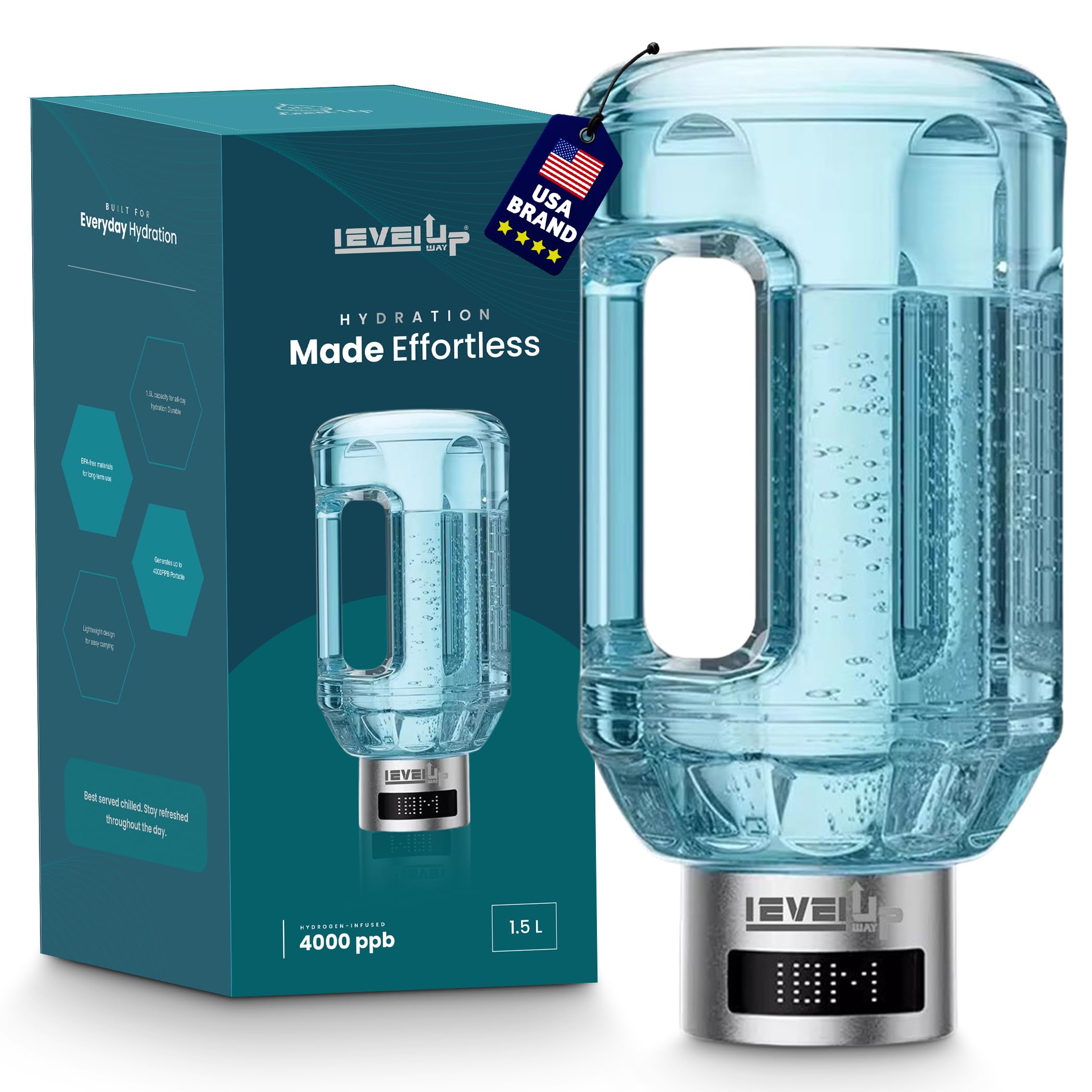 LevelUpWay Hydrogen Water Bottle - Advanced SPE/PEM Technology, Premium Borosilicate Glass, Made for Daily Hydration