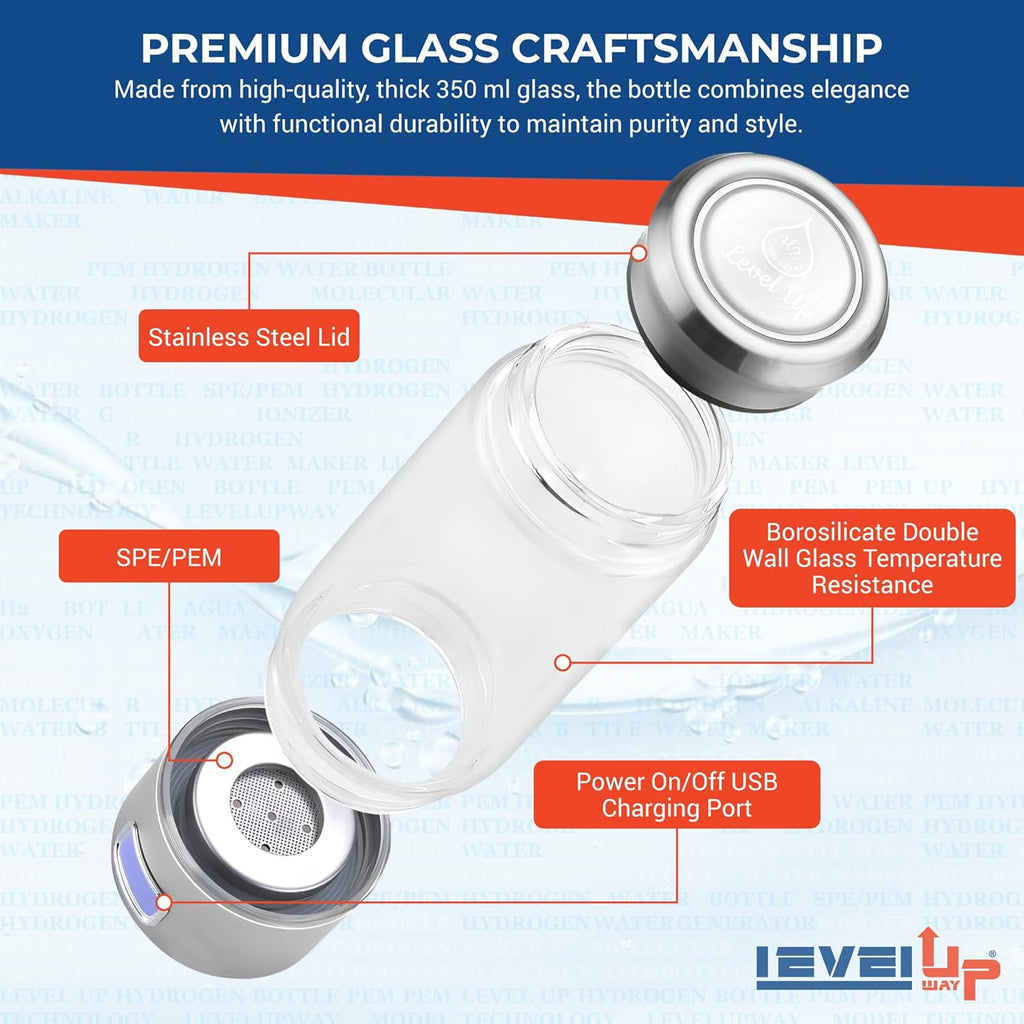 LevelUpWay Hydrogen Water Bottle - Advanced SPE/PEM Technology, Premium Borosilicate Glass, Made for Daily Hydration