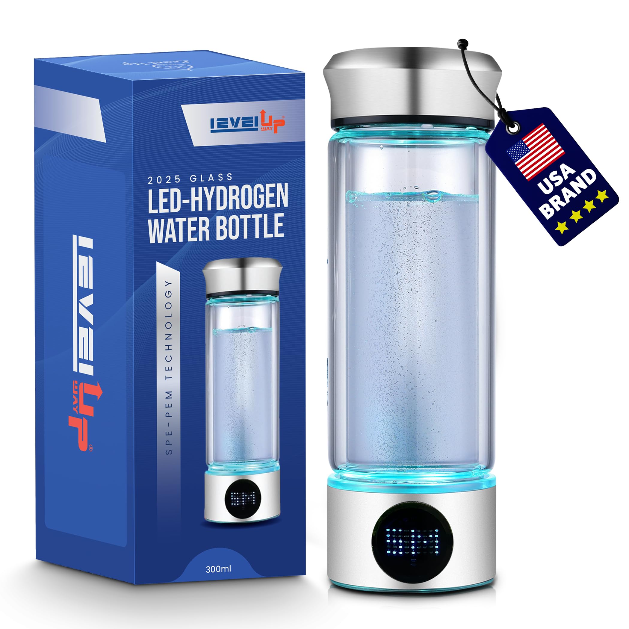LevelUpWay Hydrogen Water Bottle - Advanced SPE/PEM Technology, Premium Borosilicate Glass, Made for Daily Hydration