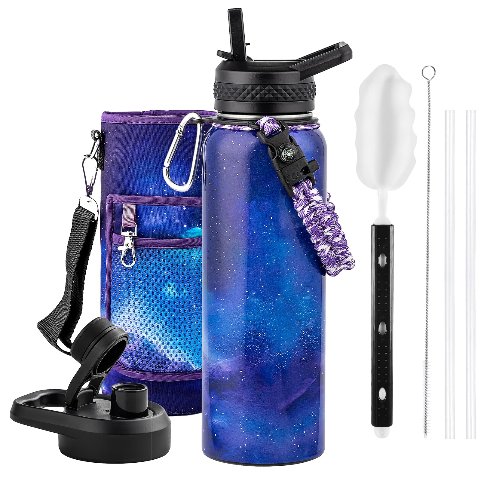 Insulated Water Bottle 64 oz, Triple Wall Vacuum Stainless Steel (Cold for 48 Hrs), Leak Proof & Non-BPA, Half Gallon Water Flask Jug with Paracord Handle & Straw Spout Lids