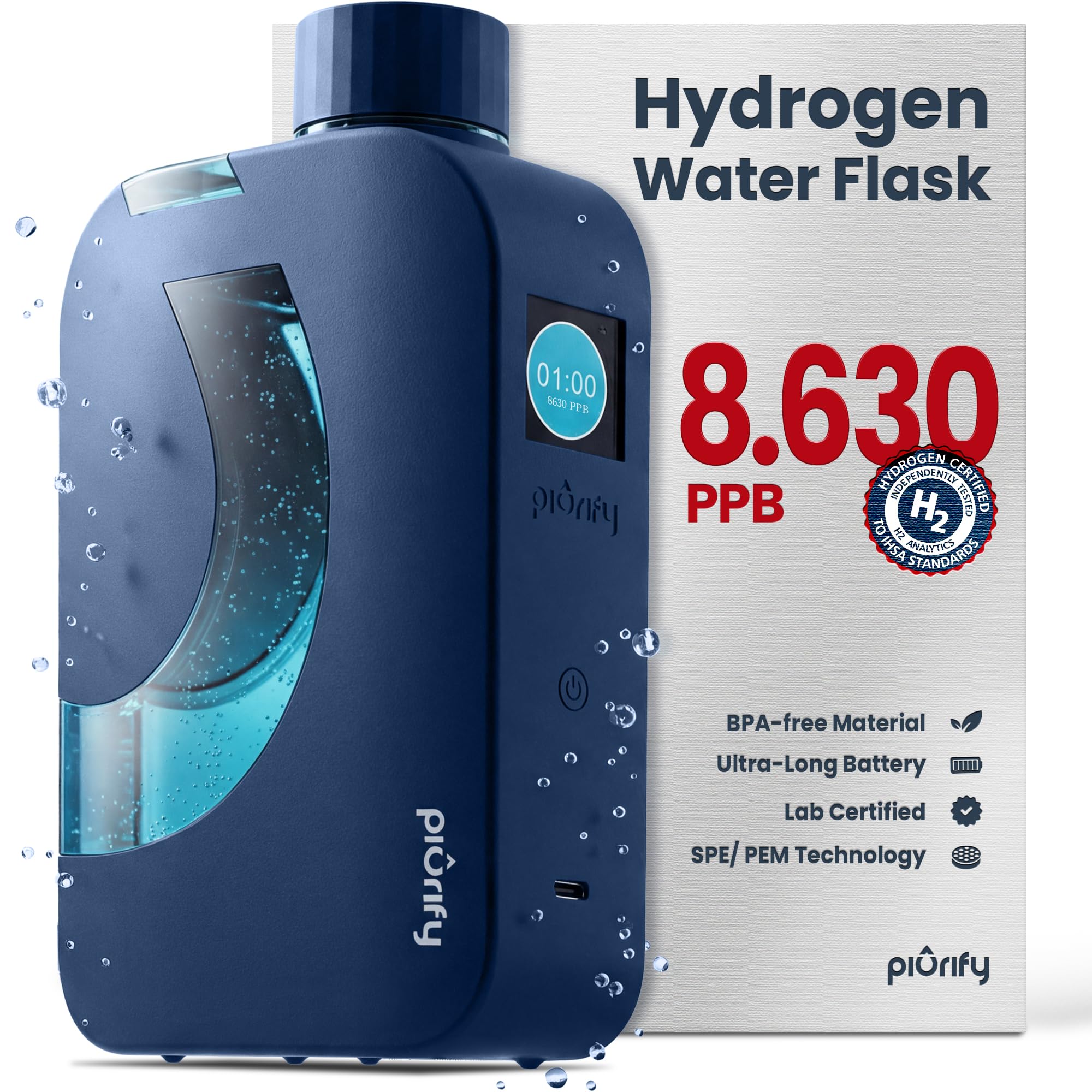 Flask Hydrogen Water Bottle | UP TO 8,630 PPB High-Purity H2 | 12 OZ | SPE/PEM Electrolysis | Self-Cleaning | Dual-Mode | 5000 mAh Battery | BPA-Free | Certified by H2 Analytics (Black)